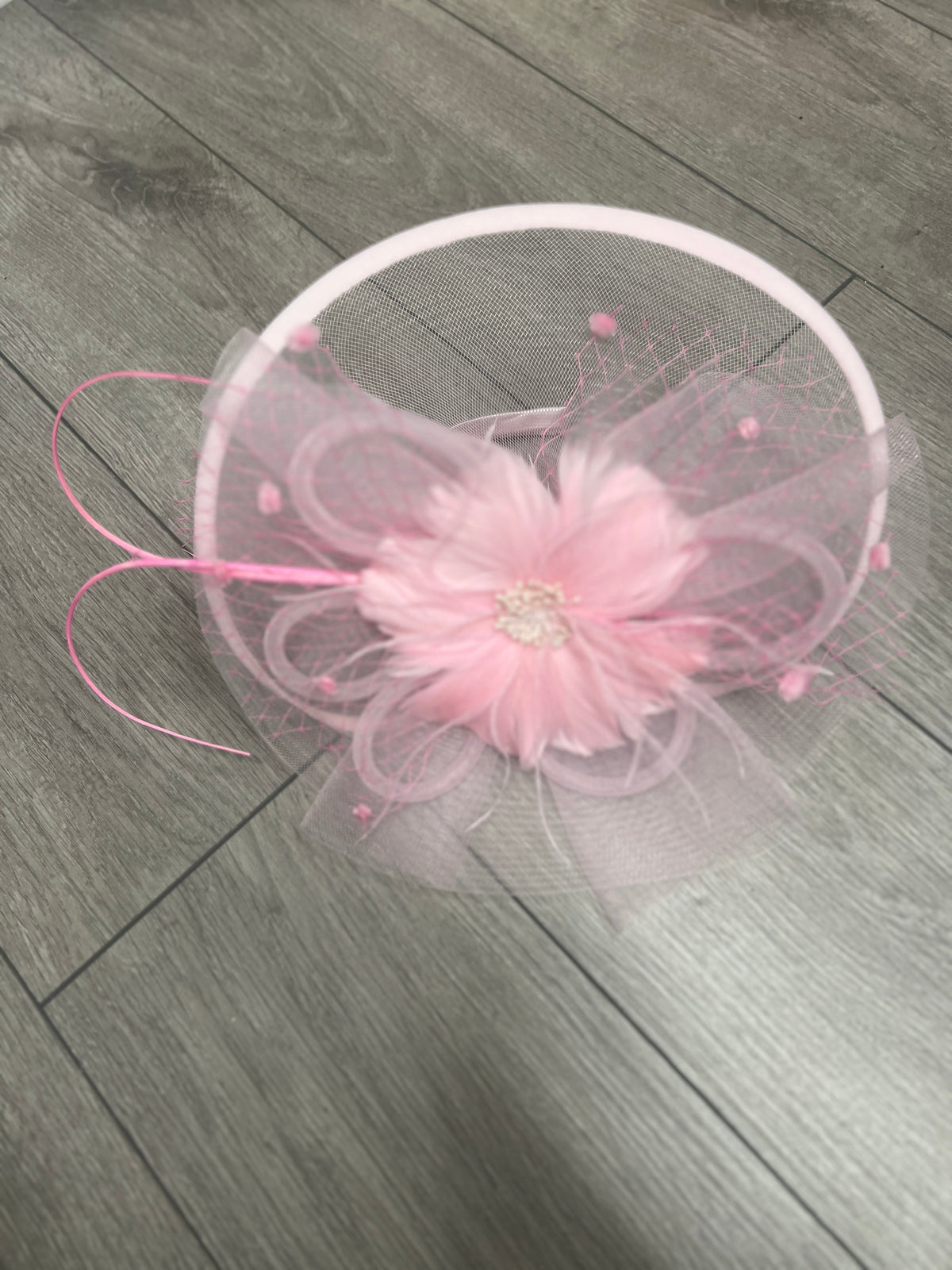 Pink Large Fascinator With Feather Flower &amp; Netting-Fascinators Direct