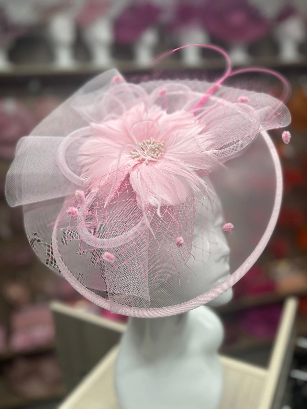 Pink Large Fascinator With Feather Flower &amp; Netting-Fascinators Direct