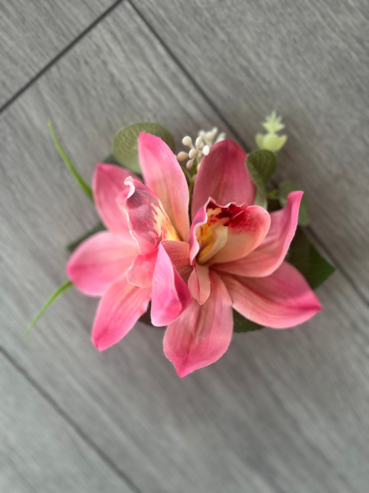 Pink Orchid Flower Hair Clip With Foliage-Fascinators Direct