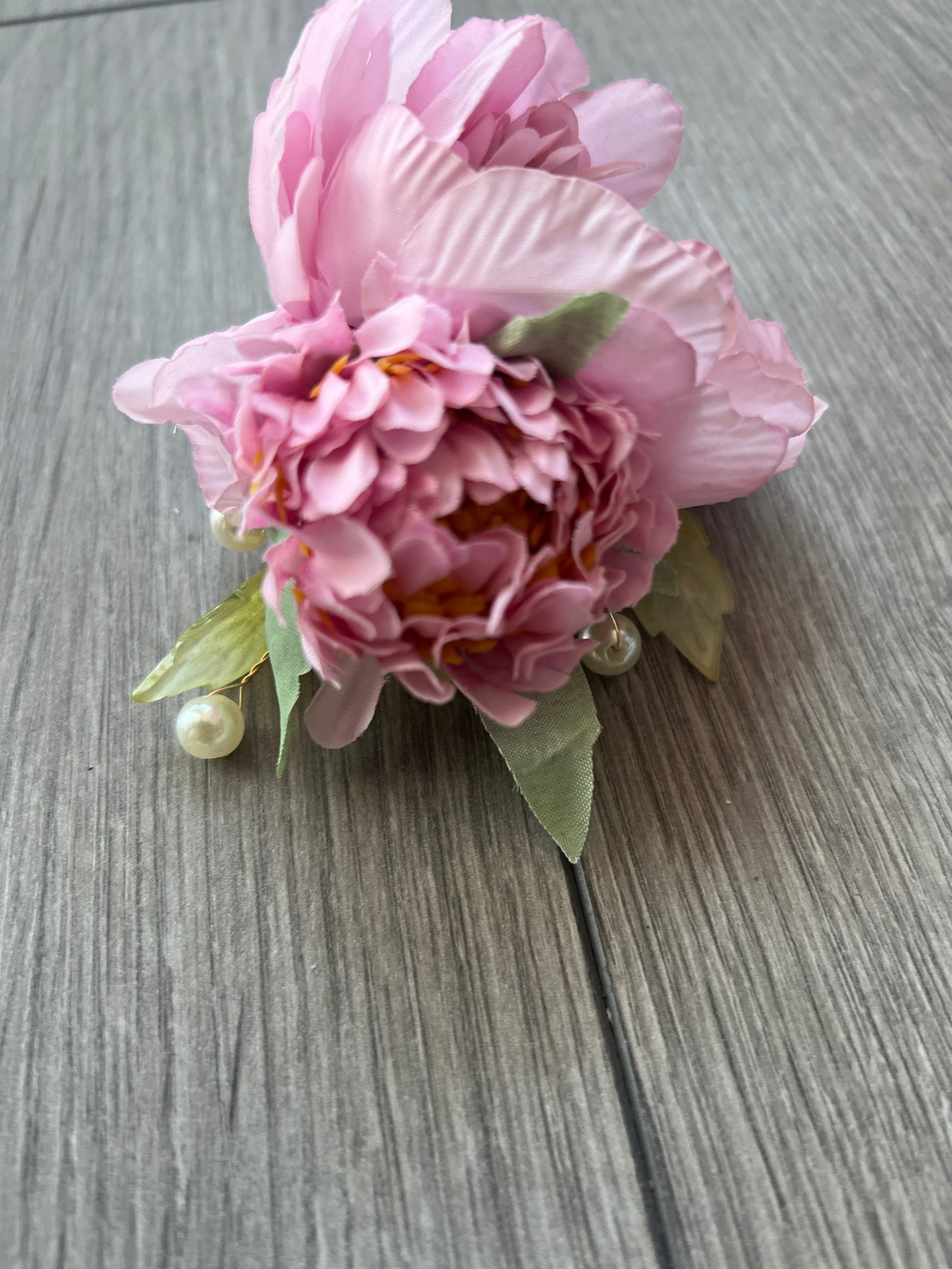 Pink Peony Flower Hair Clip with Pearls & Leafs-Fascinators Direct