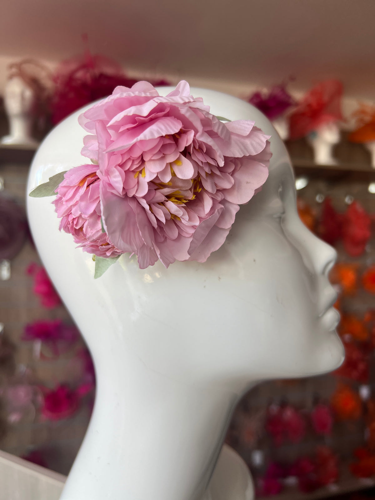 Pink Peony Flower Hair Clip with Pearls &amp; Leafs-Fascinators Direct