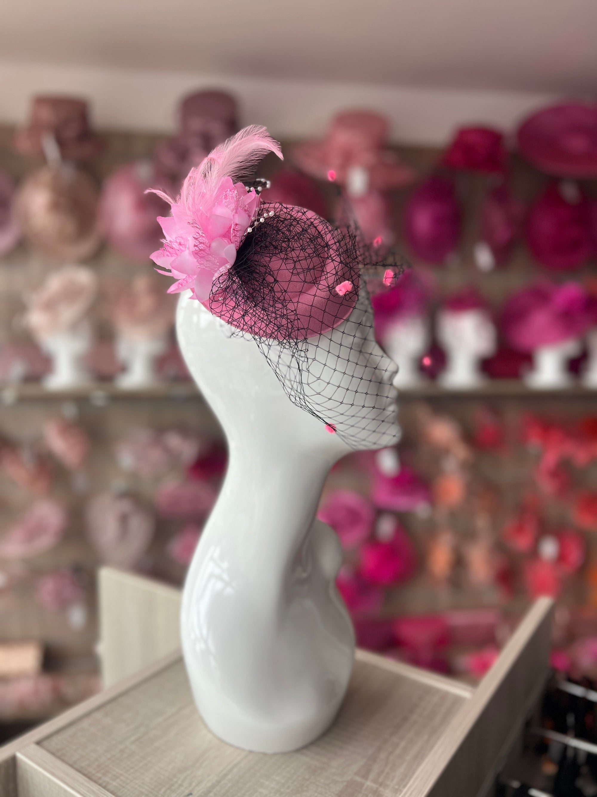 Pink Pillbox Hat With Flower & Veil-Fascinators Direct