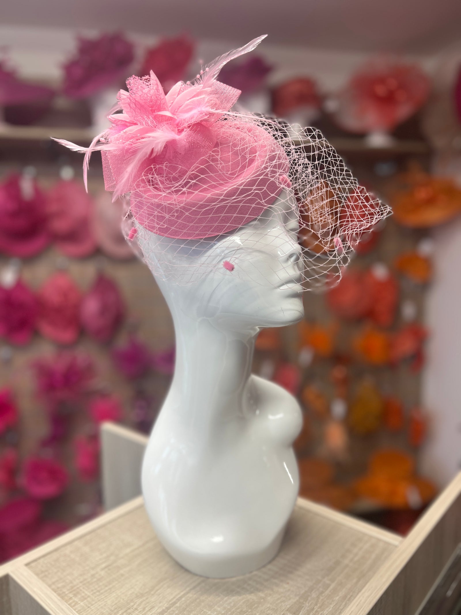 Pink Pillbox Hat With Flower & Veil-Fascinators Direct