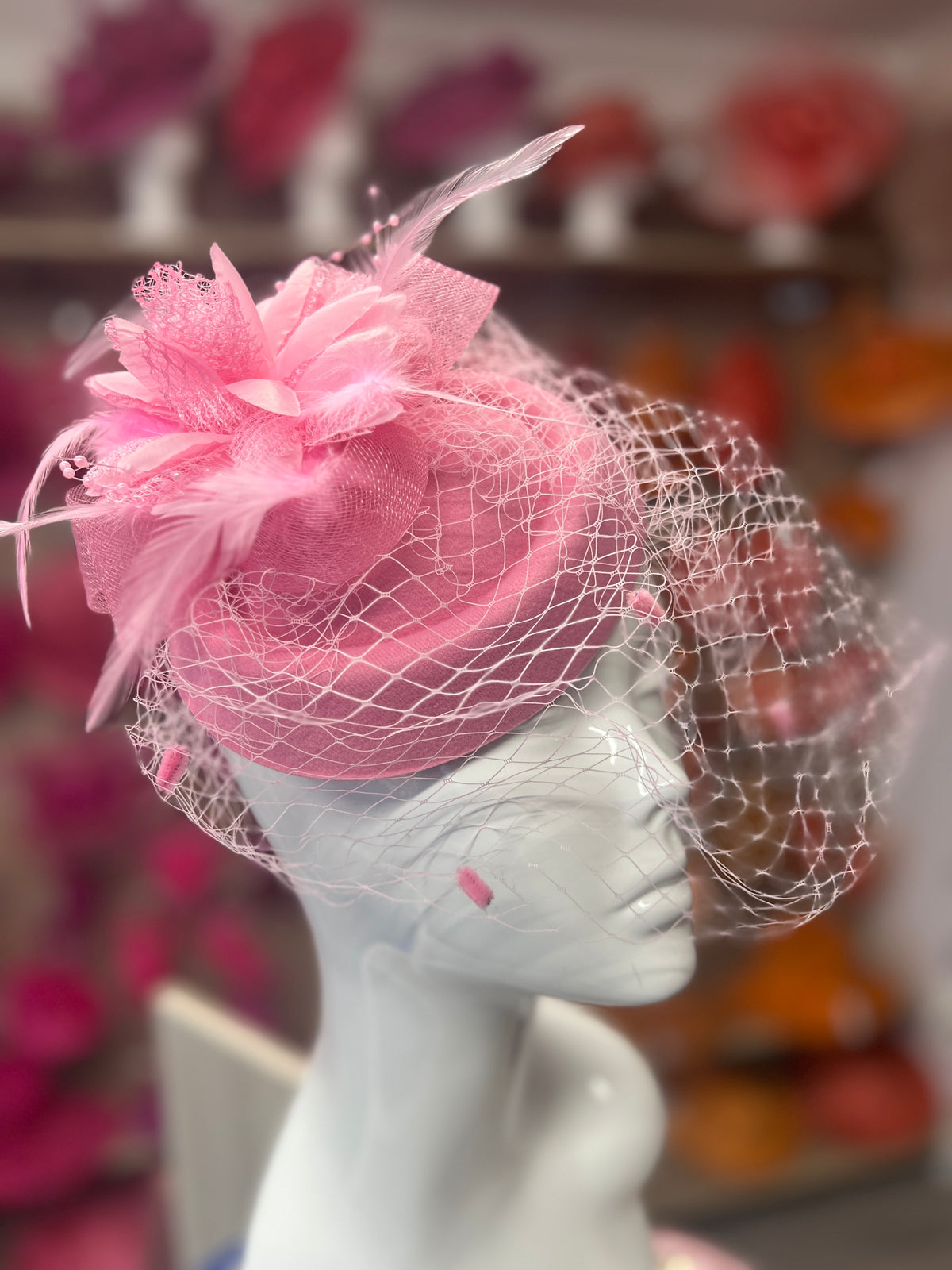 Pink Pillbox Hat With Flower &amp; Veil-Fascinators Direct
