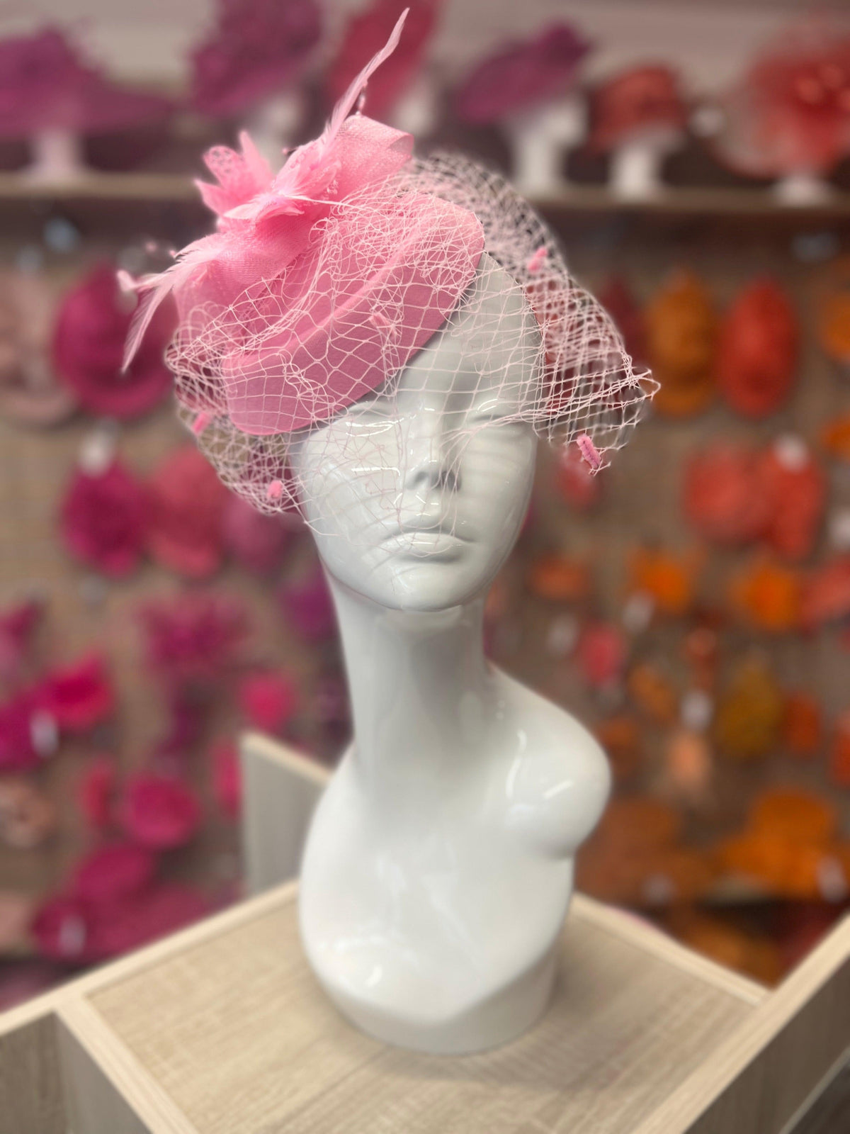 Pink Pillbox Hat With Flower &amp; Veil-Fascinators Direct