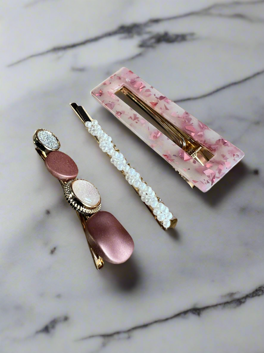 Pink Resin & Pearl Hair Slides x3-Fascinators Direct