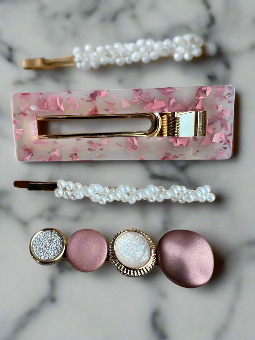 Pink Resin &amp; Pearl Hair Slides x3-Fascinators Direct