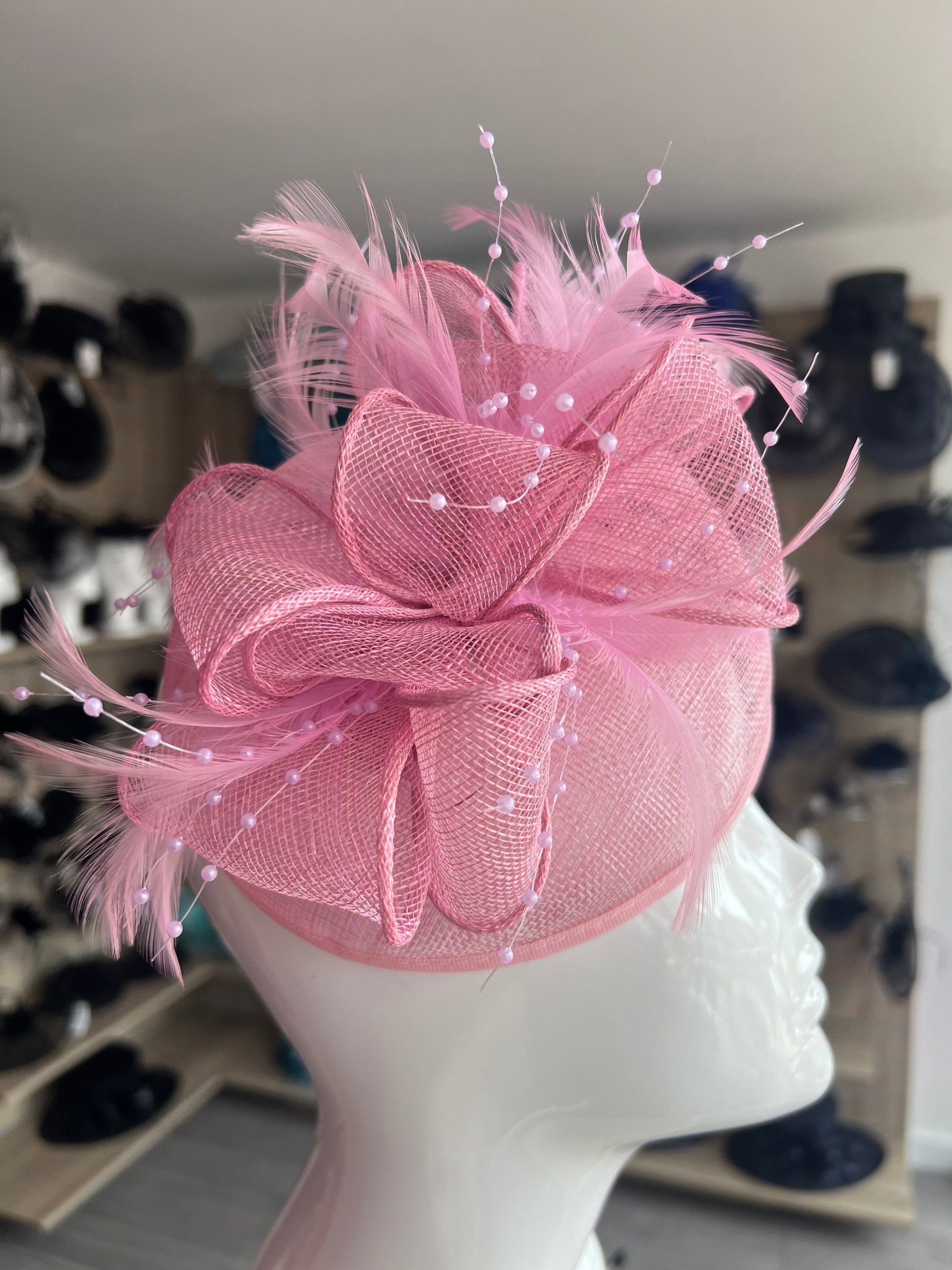 Pink Sinamay Pillbox Fascinator with Feathers & Beads-Fascinators Direct