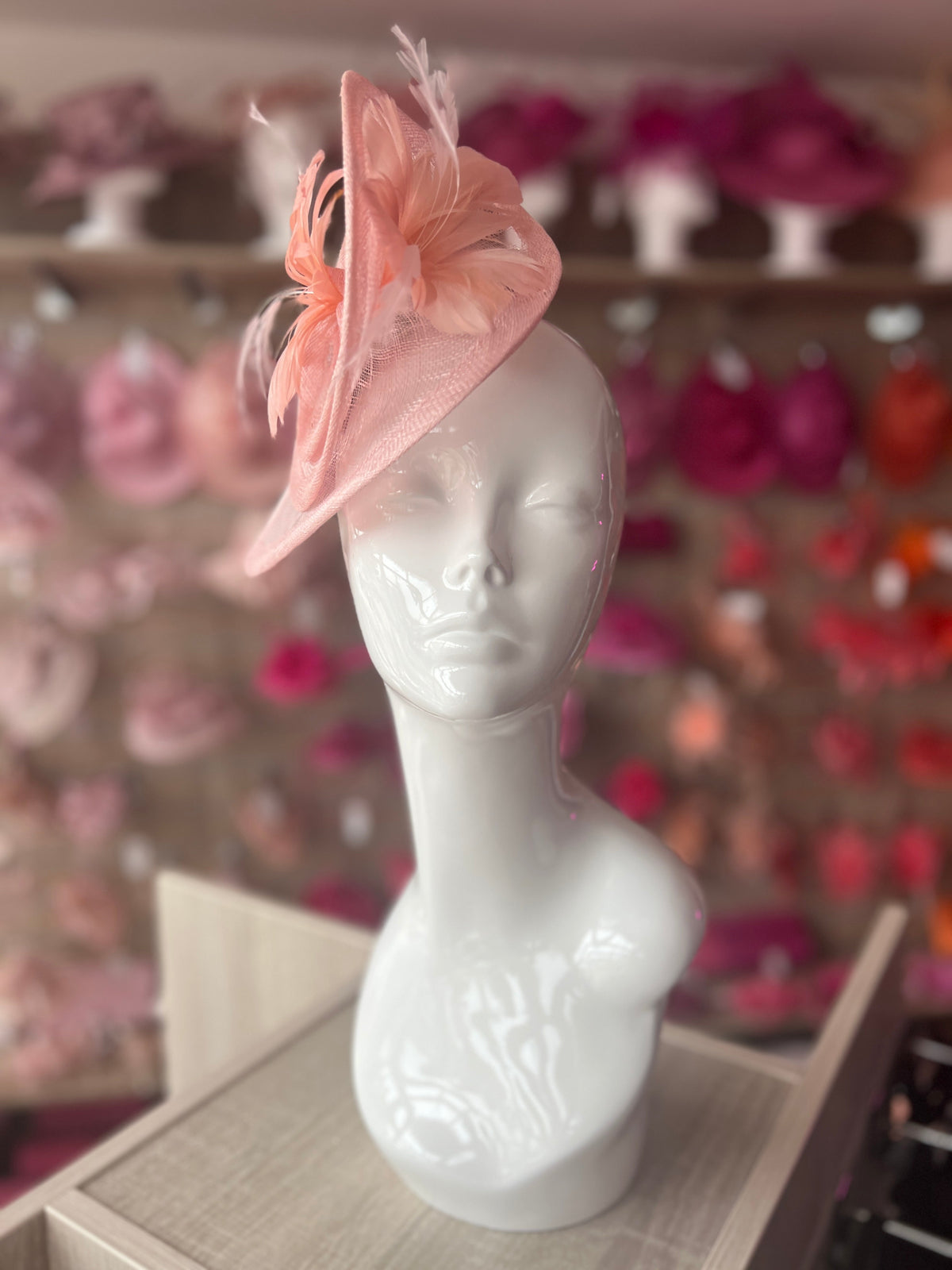 Pink Spiral Teardrop Fascinator with A Feather Flower-Fascinators Direct