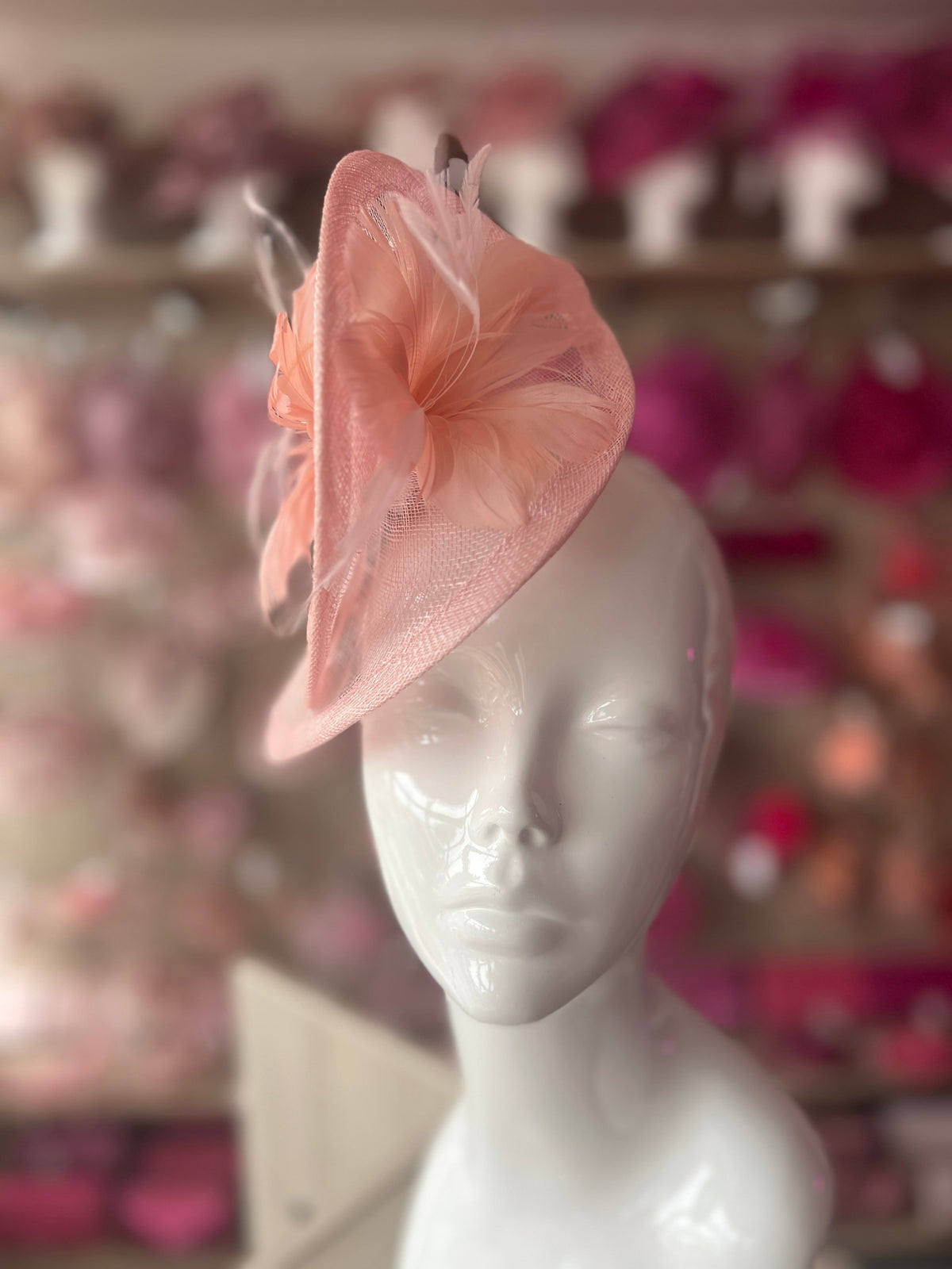 Pink Spiral Teardrop Fascinator with A Feather Flower-Fascinators Direct