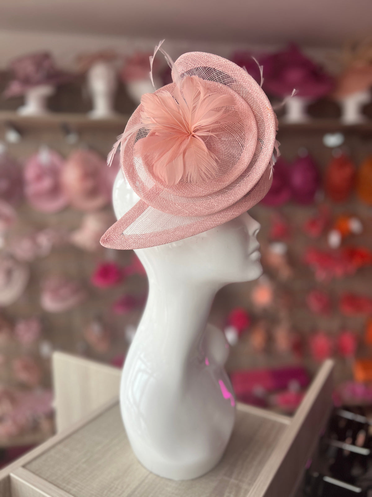 Pink Spiral Teardrop Fascinator with A Feather Flower-Fascinators Direct