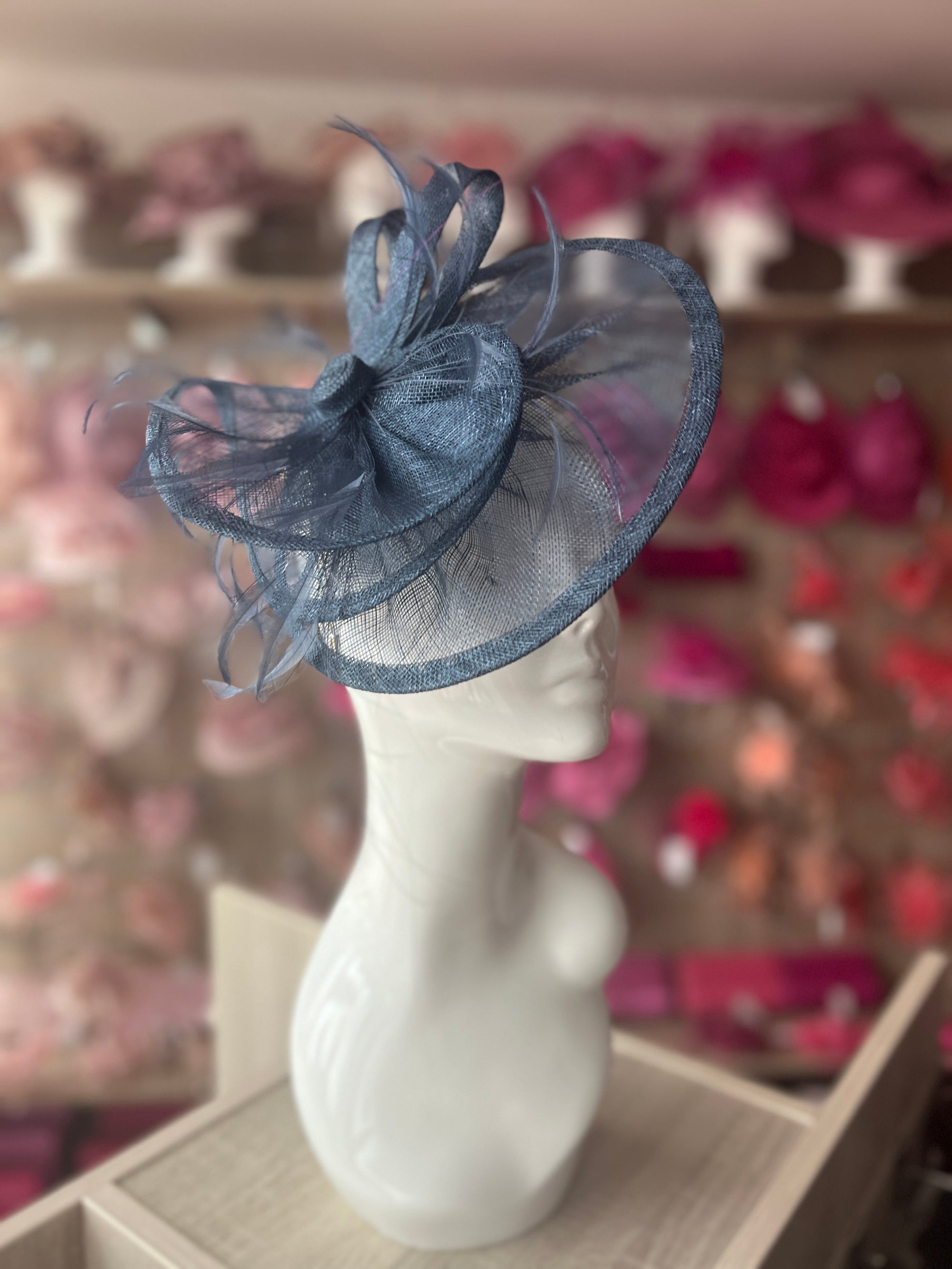 Pleated Airforce Blue Headband Fascinator with Wispy Feathers-Fascinators Direct