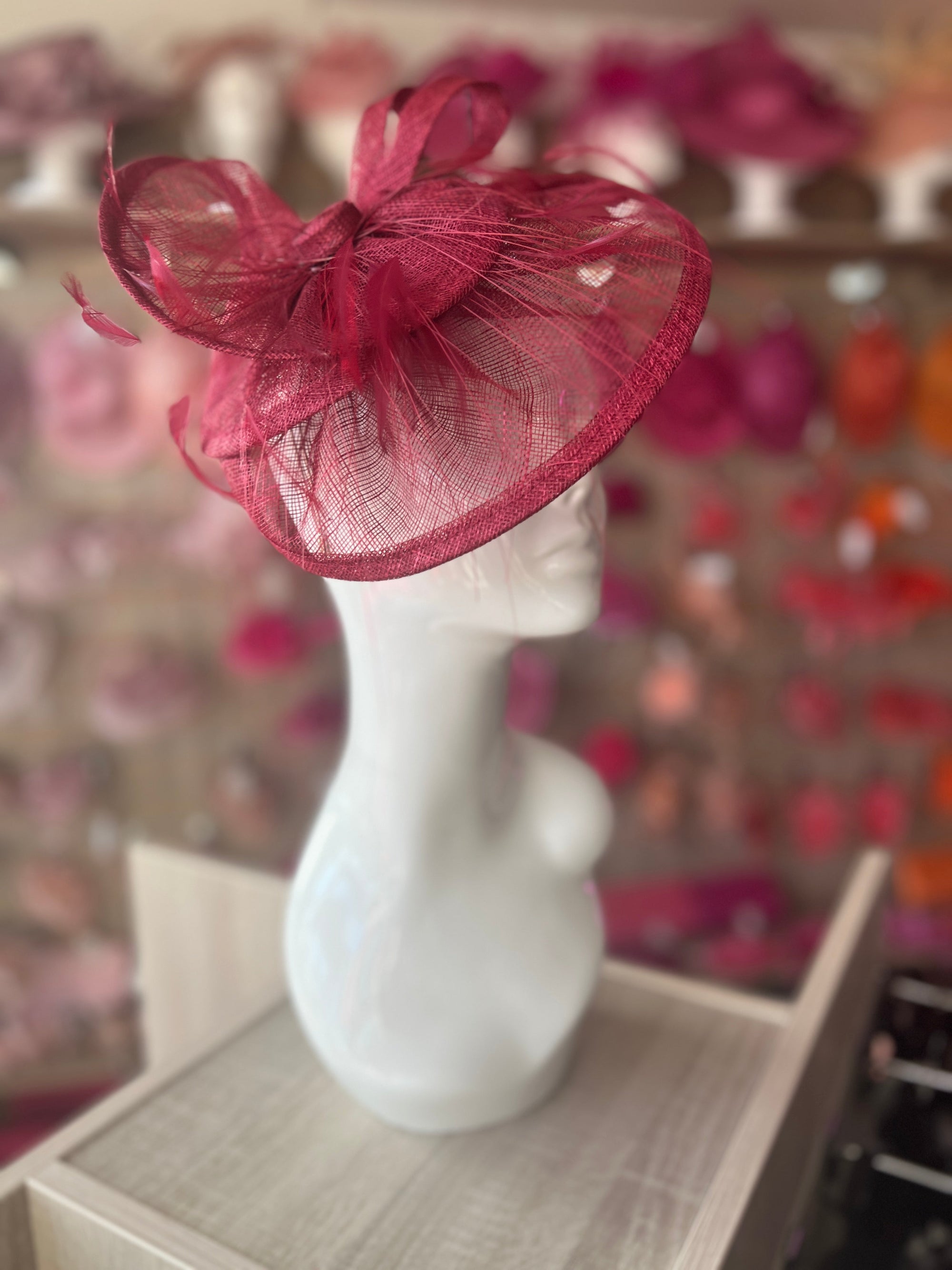 Pleated Burgundy Headband Fascinator with Wispy Feathers-Fascinators Direct