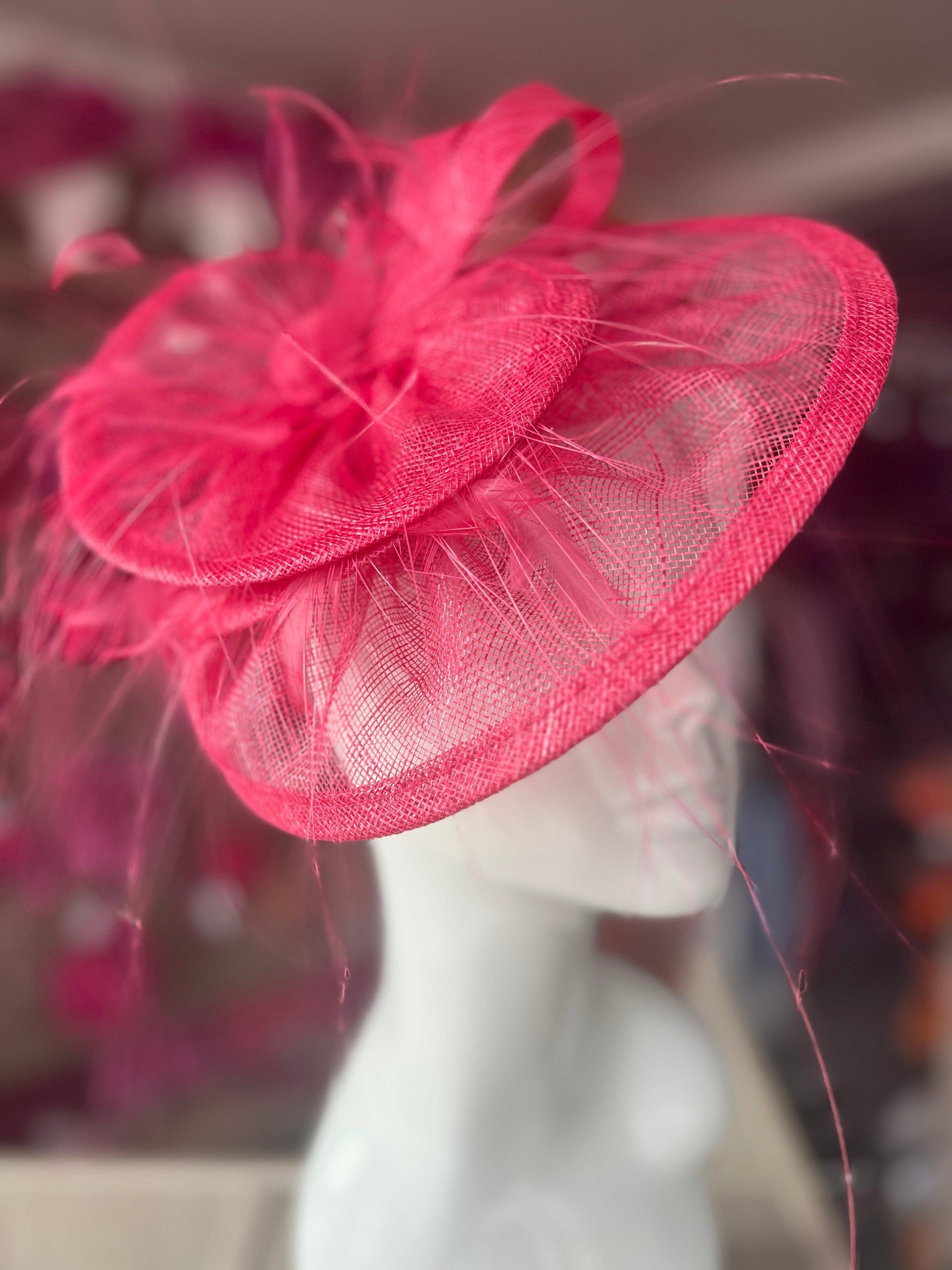 Pleated Cerise Headband Fascinator with Wispy Feathers-Fascinators Direct