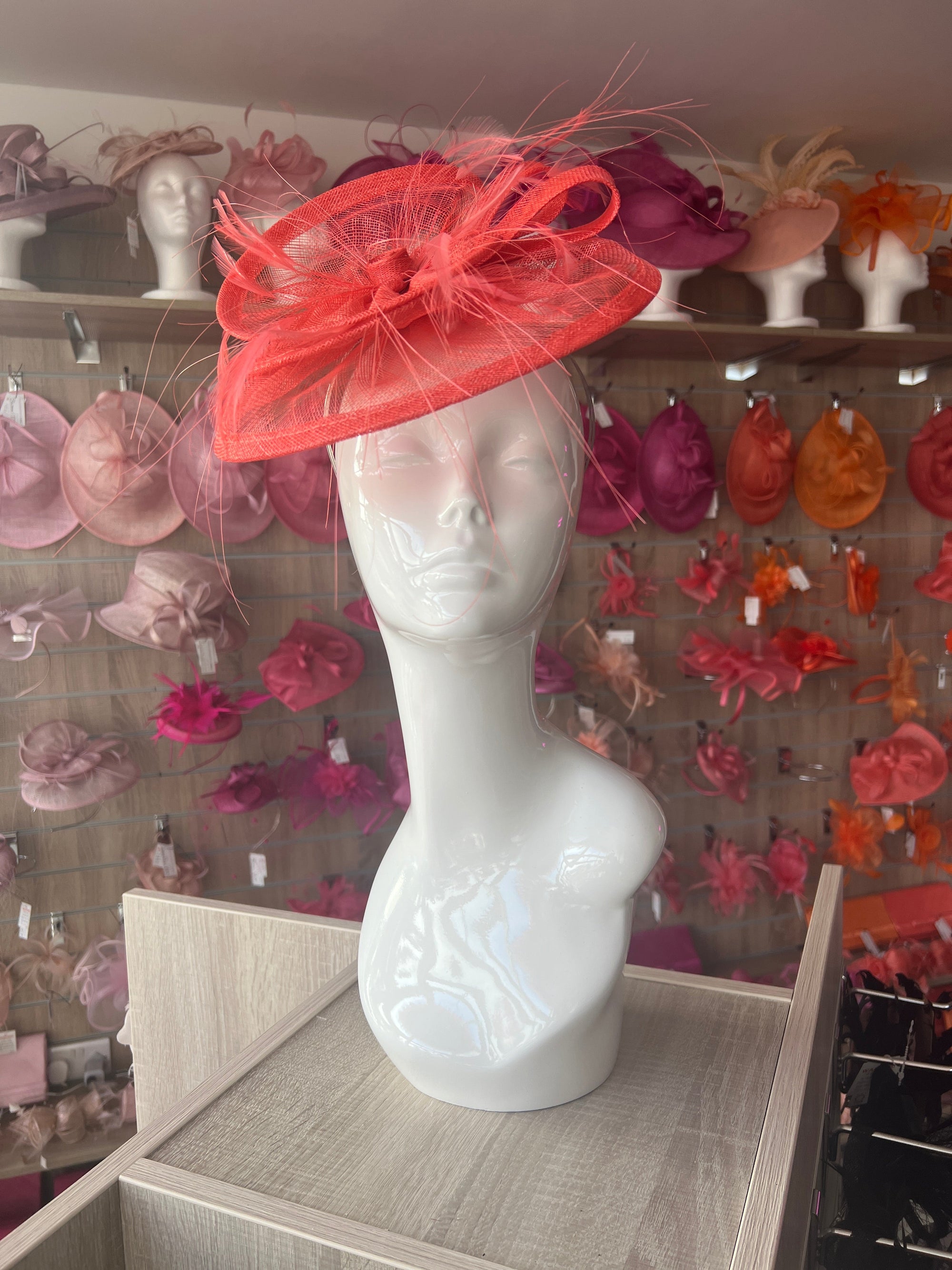 Pleated Coral Headband Fascinator with Wispy Feathers-Fascinators Direct