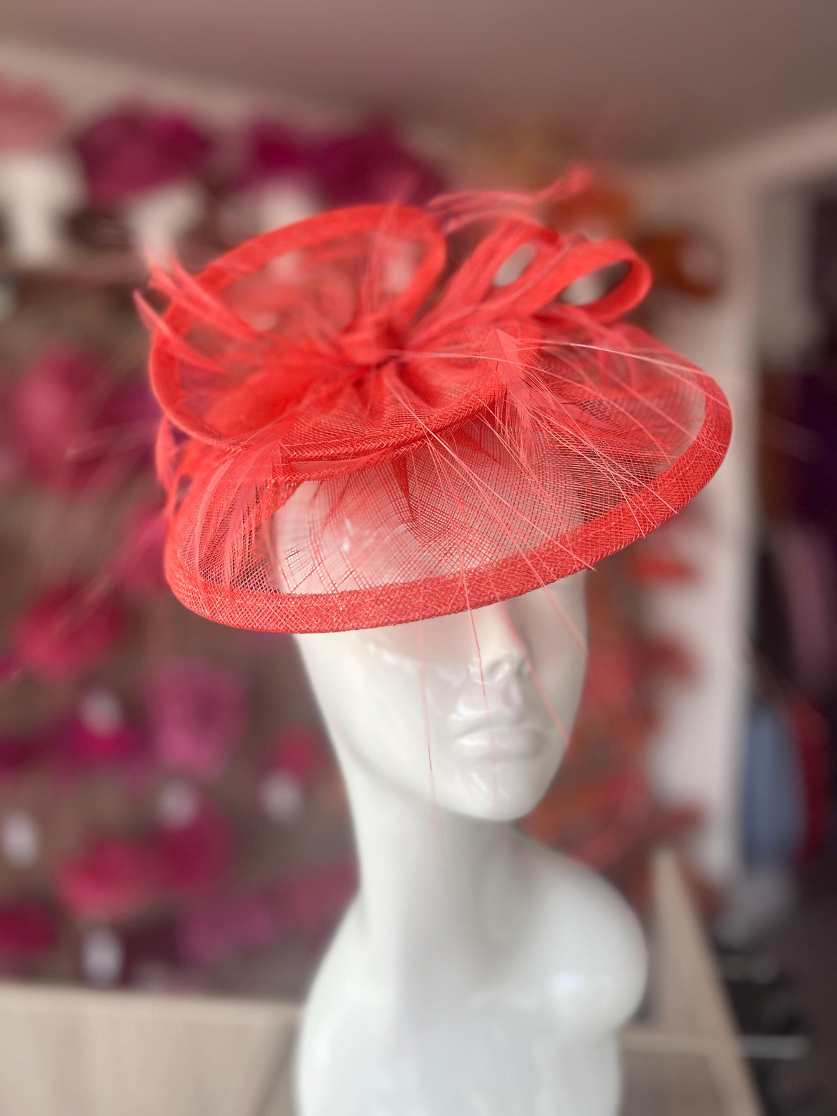 Pleated Coral Headband Fascinator with Wispy Feathers-Fascinators Direct