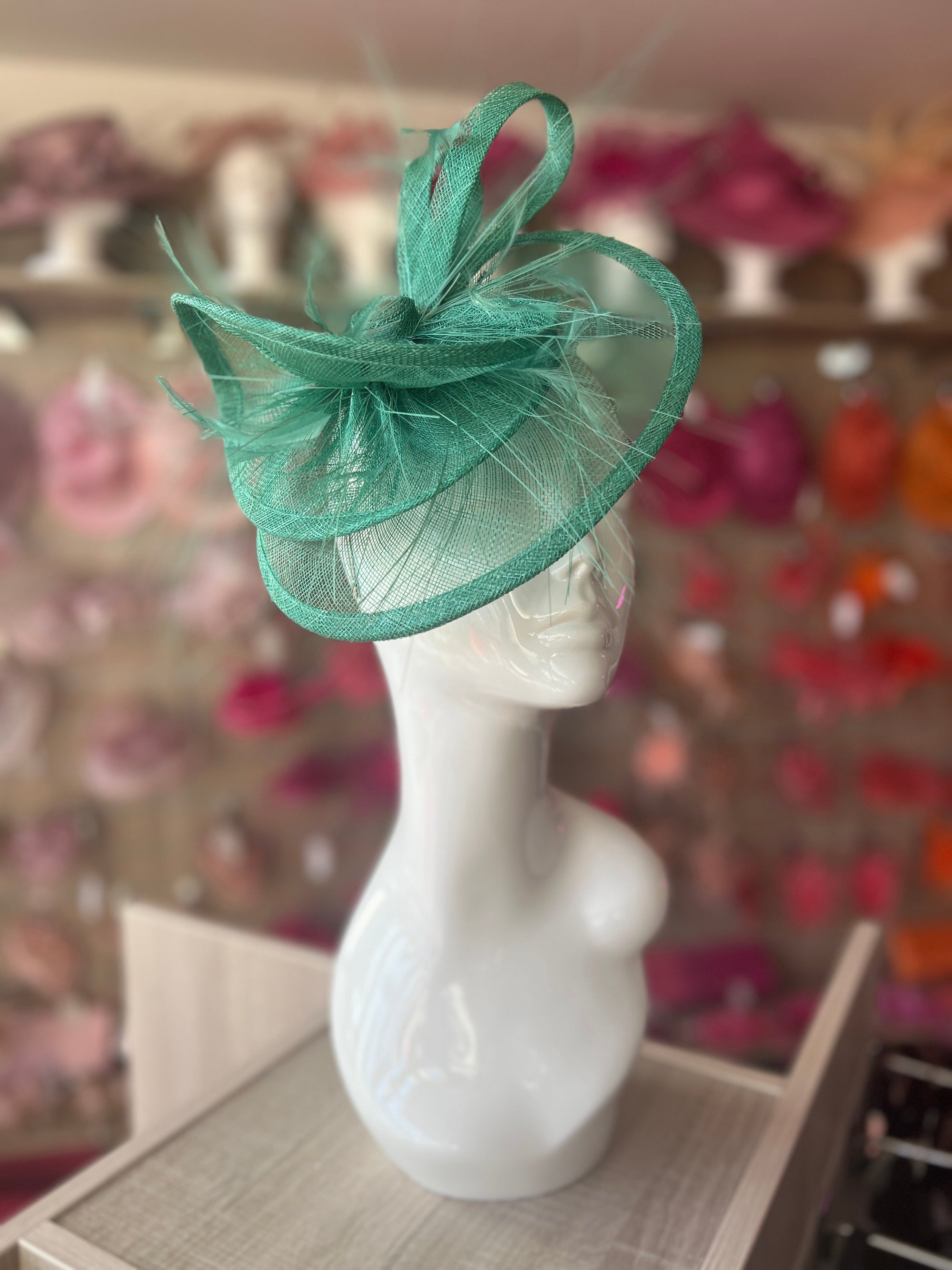 Pleated Jade Headband Fascinator with Wispy Feathers-Fascinators Direct