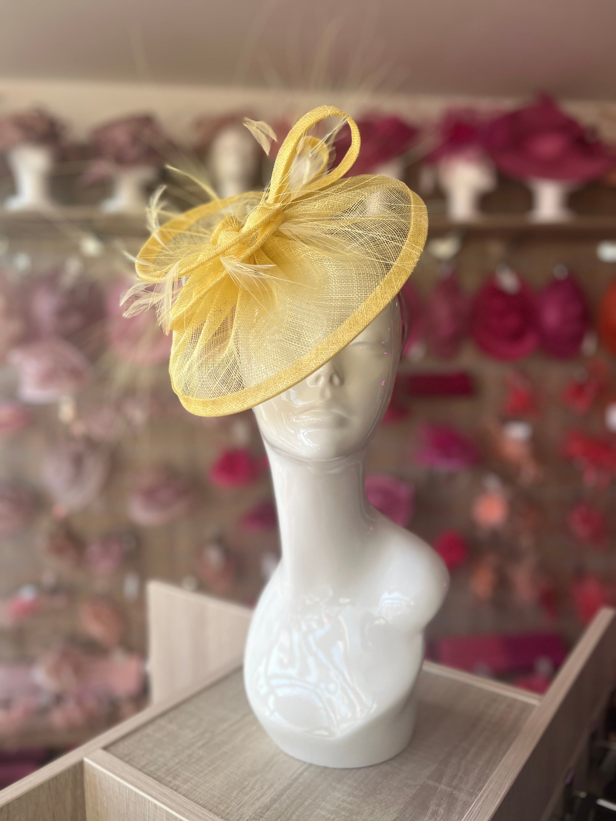 Pleated Lemon Headband Fascinator with Wispy Feathers-Fascinators Direct