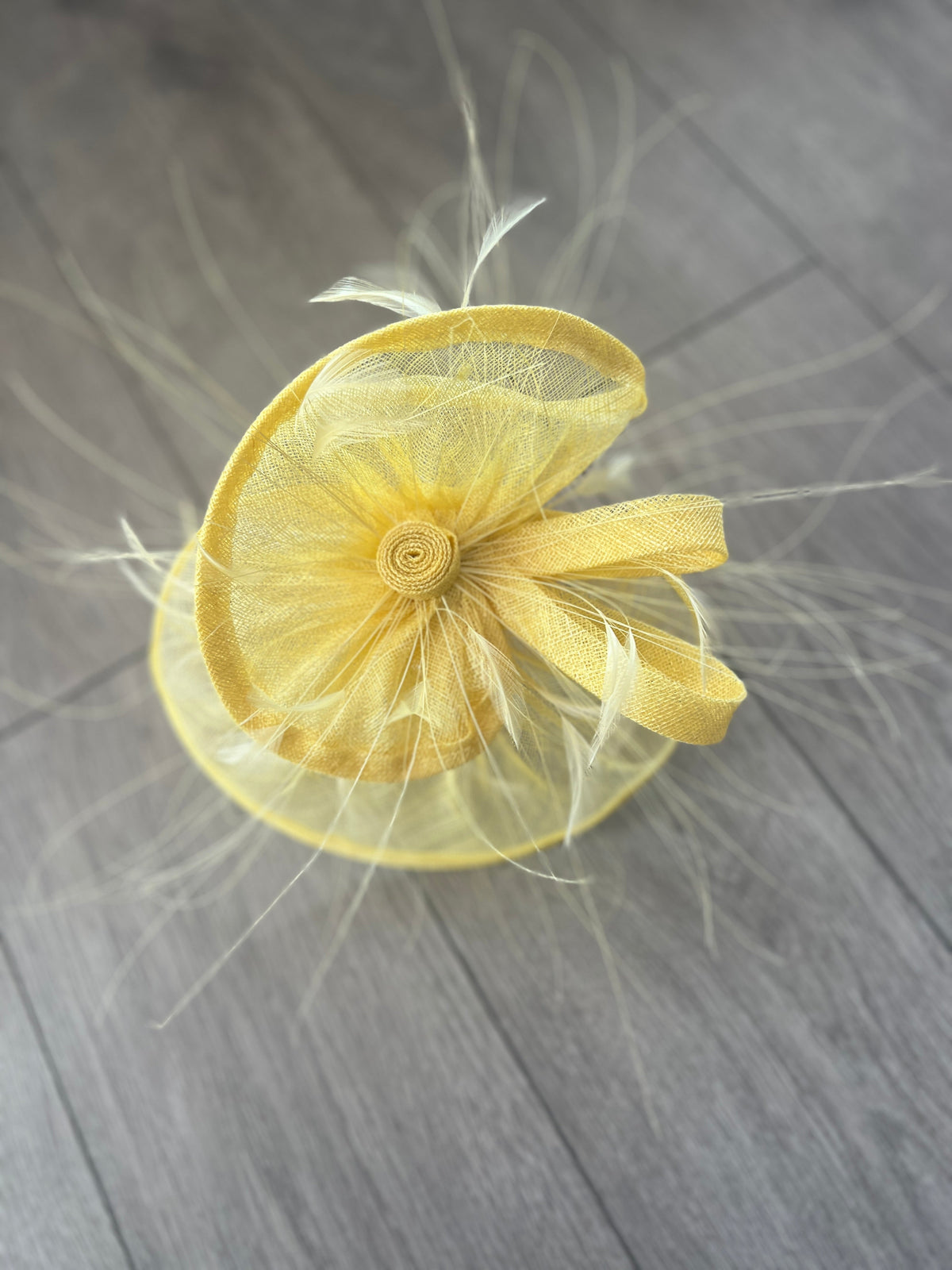 Pleated Lemon Headband Fascinator with Wispy Feathers-Fascinators Direct
