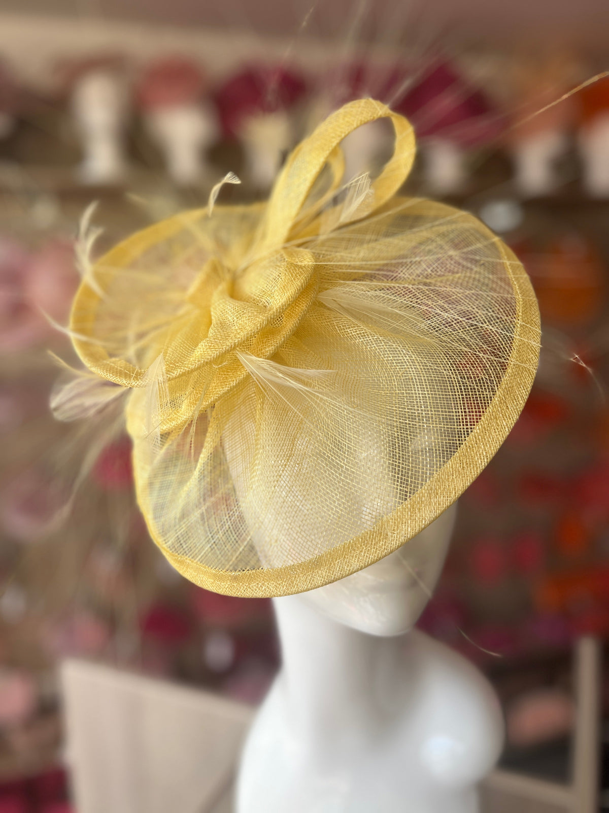 Pleated Lemon Headband Fascinator with Wispy Feathers-Fascinators Direct