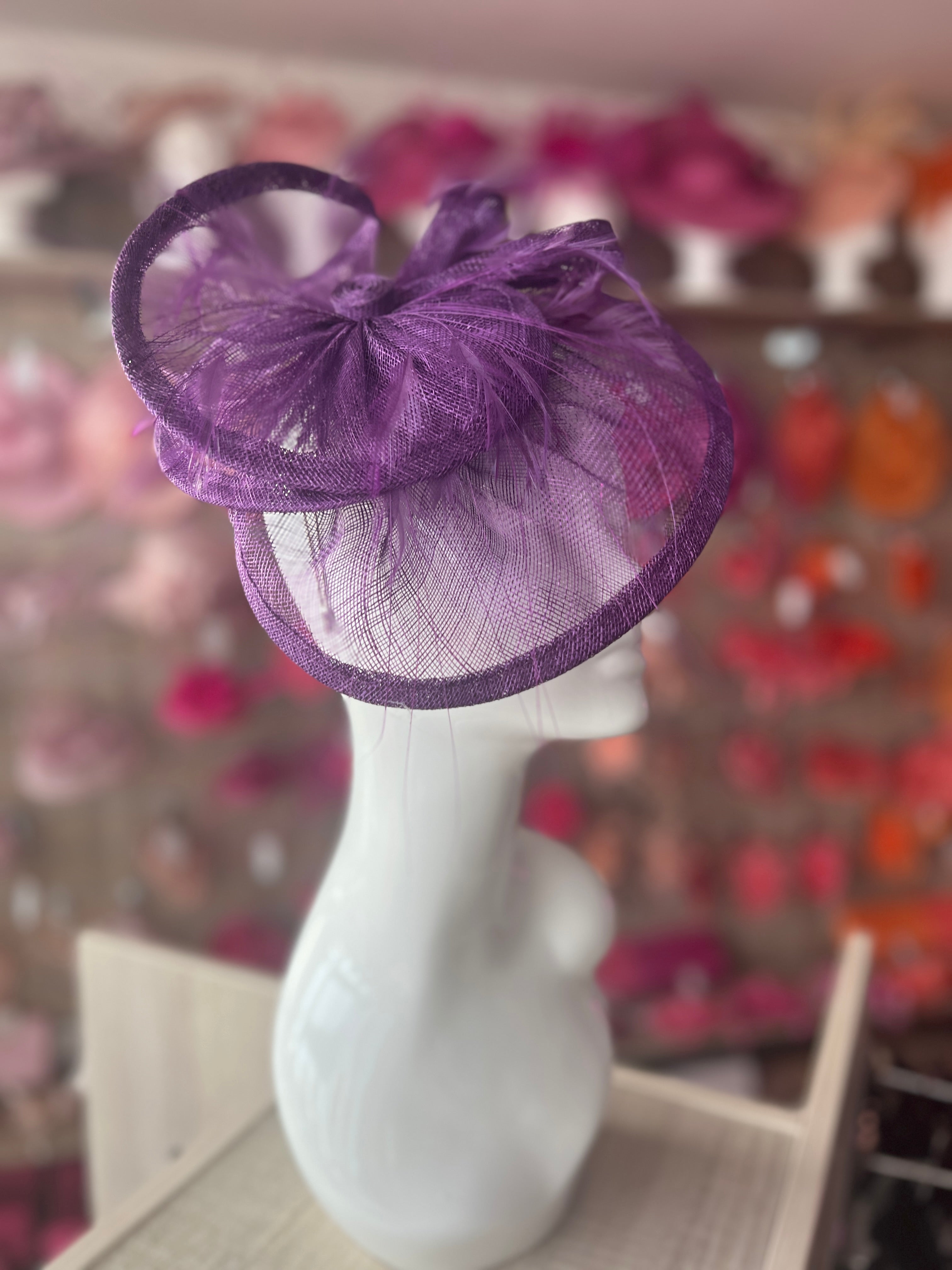Pleated Mauve Headband Fascinator with Wispy Feathers