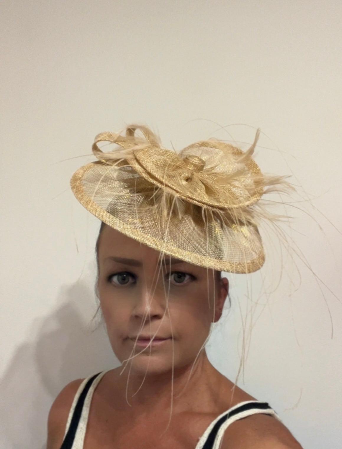 Pleated Metallic Gold Headband Fascinator with Wispy Feathers-Fascinators Direct
