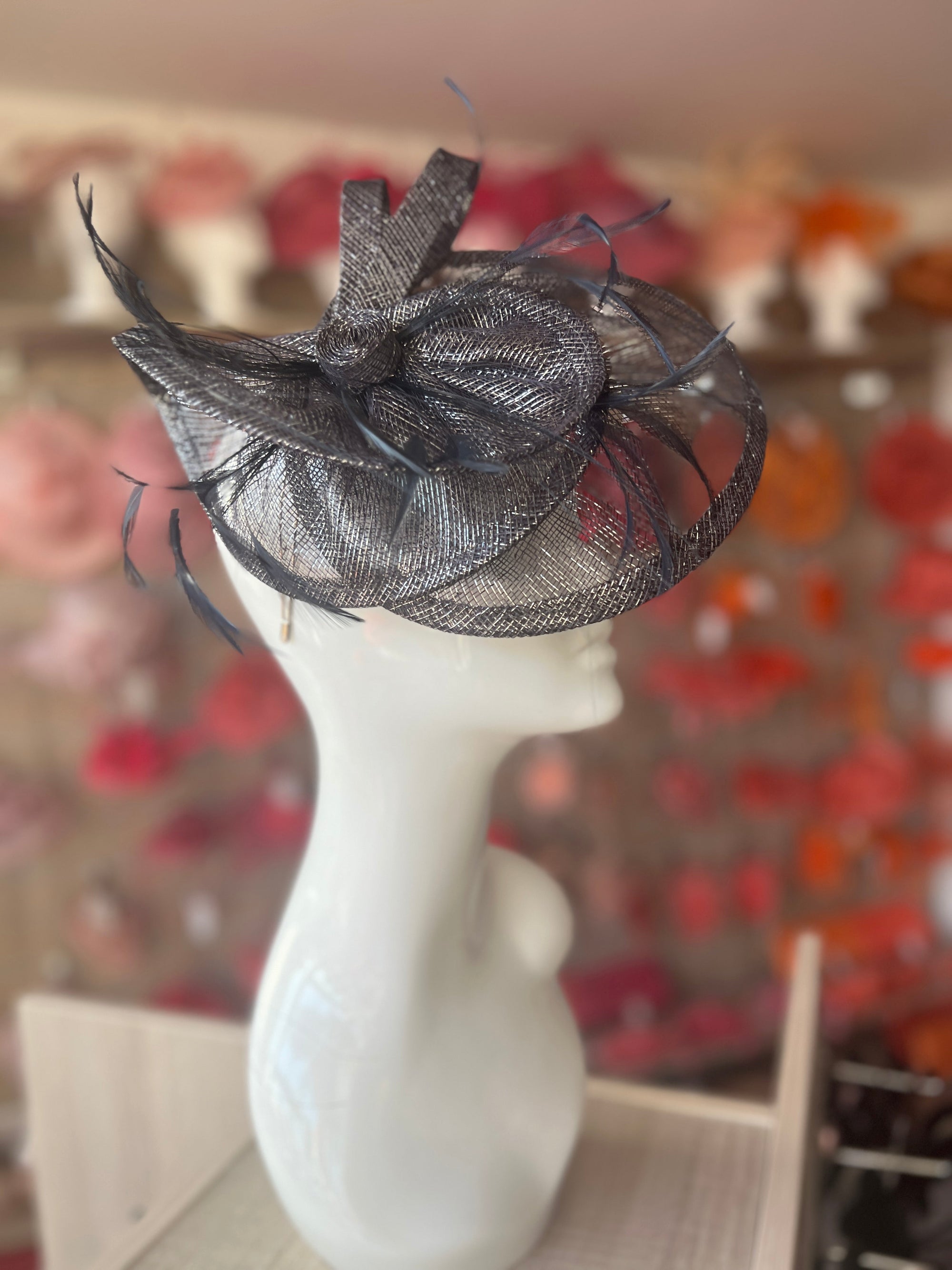 Pleated Metallic Navy Headband Fascinator with Wispy Feathers-Fascinators Direct