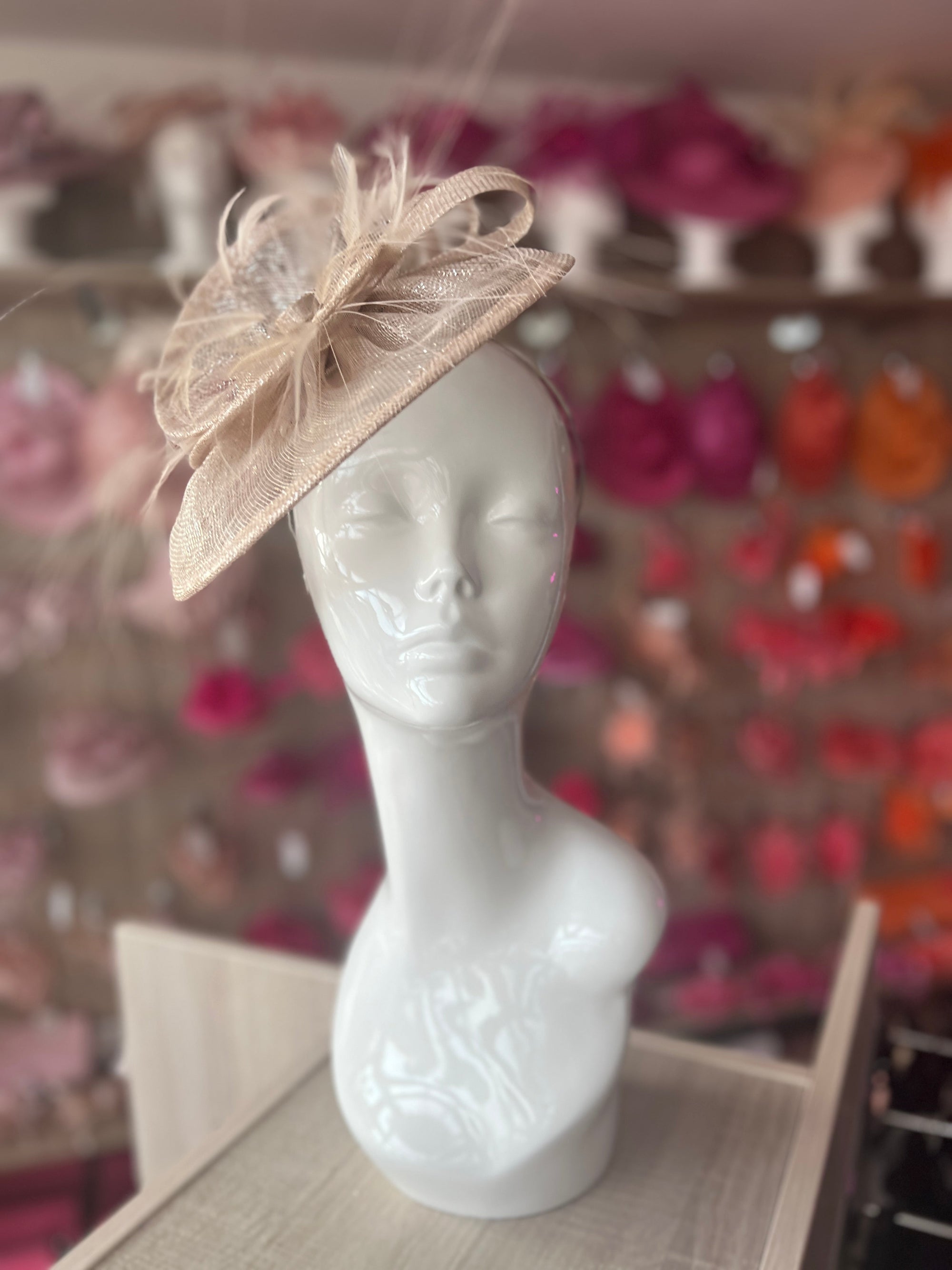 Pleated Metallic Nude Headband Fascinator with Wispy Feathers-Fascinators Direct