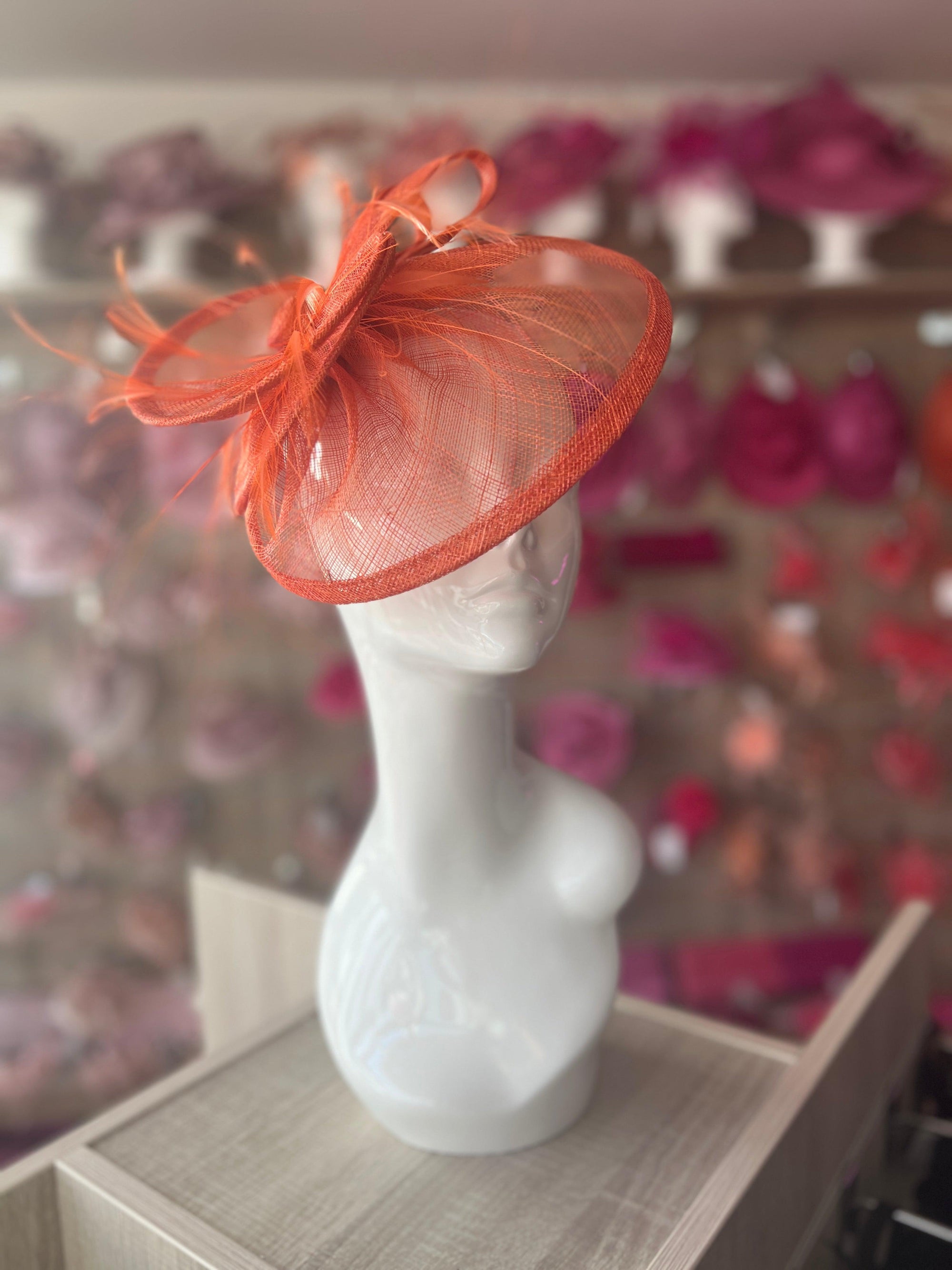 Pleated Orange Headband Fascinator with Wispy Feathers-Fascinators Direct