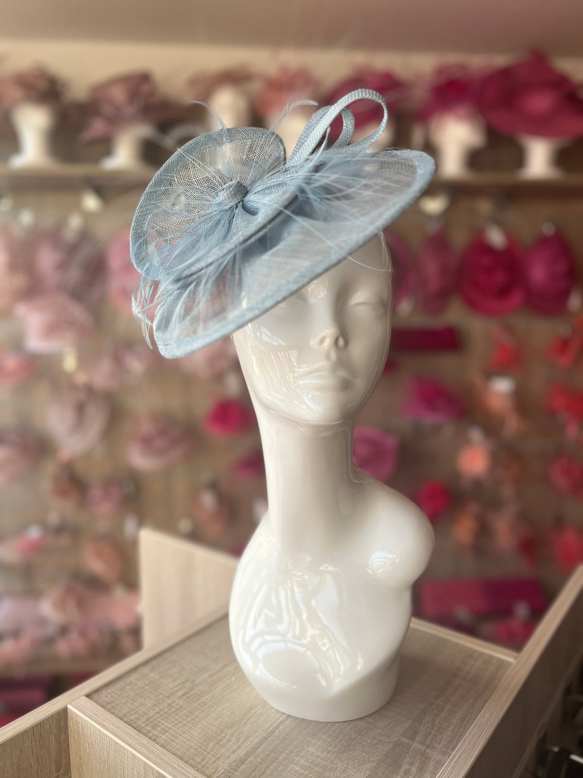 Pleated Powder Blue Headband Fascinator with Wispy Feathers-Fascinators Direct
