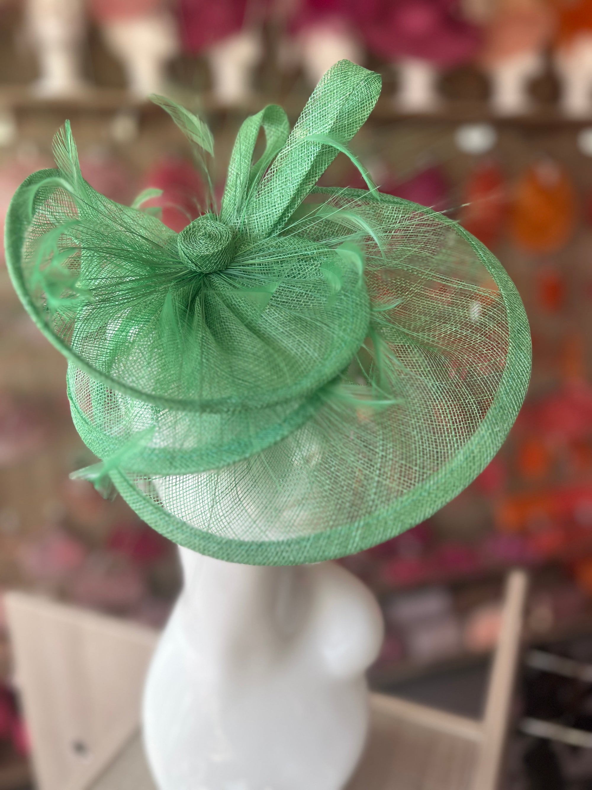 Pleated Spring Green Headband Fascinator with Wispy Feathers-Fascinators Direct