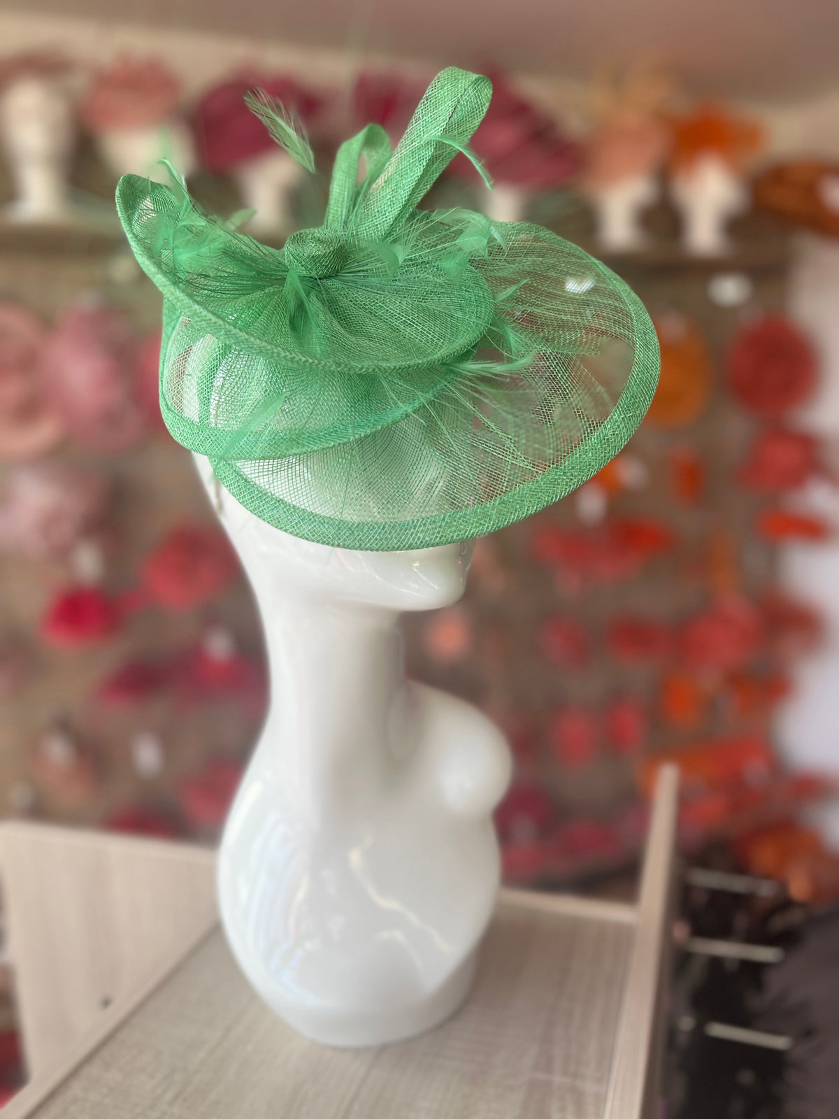 Pleated Spring Green Headband Fascinator with Wispy Feathers-Fascinators Direct