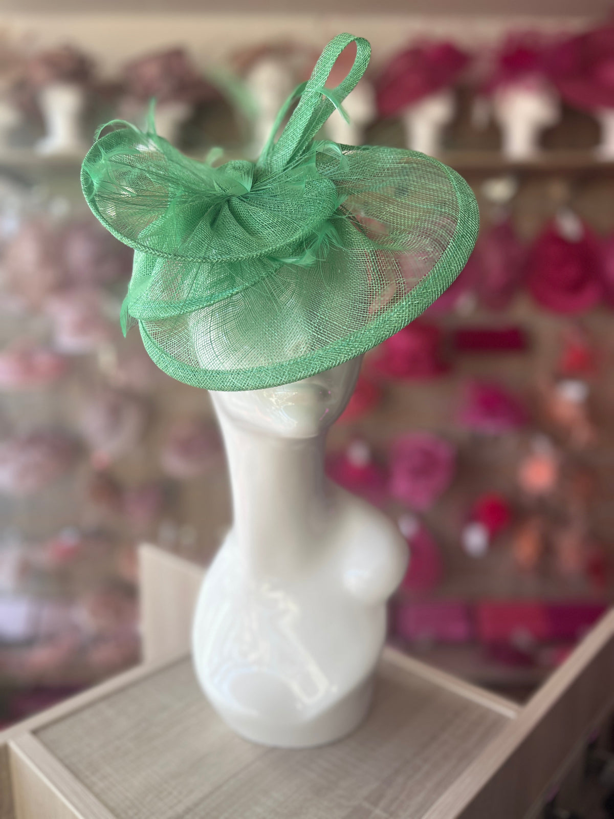 Pleated Spring Green Headband Fascinator with Wispy Feathers-Fascinators Direct