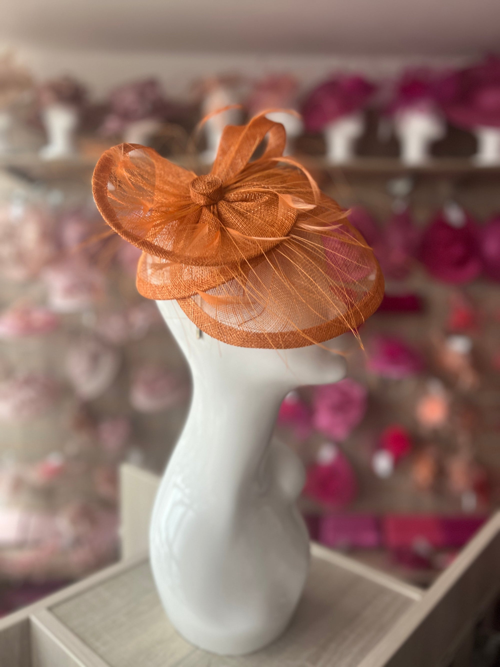 Pleated Tangerine Headband Fascinator with Wispy Feathers-Fascinators Direct