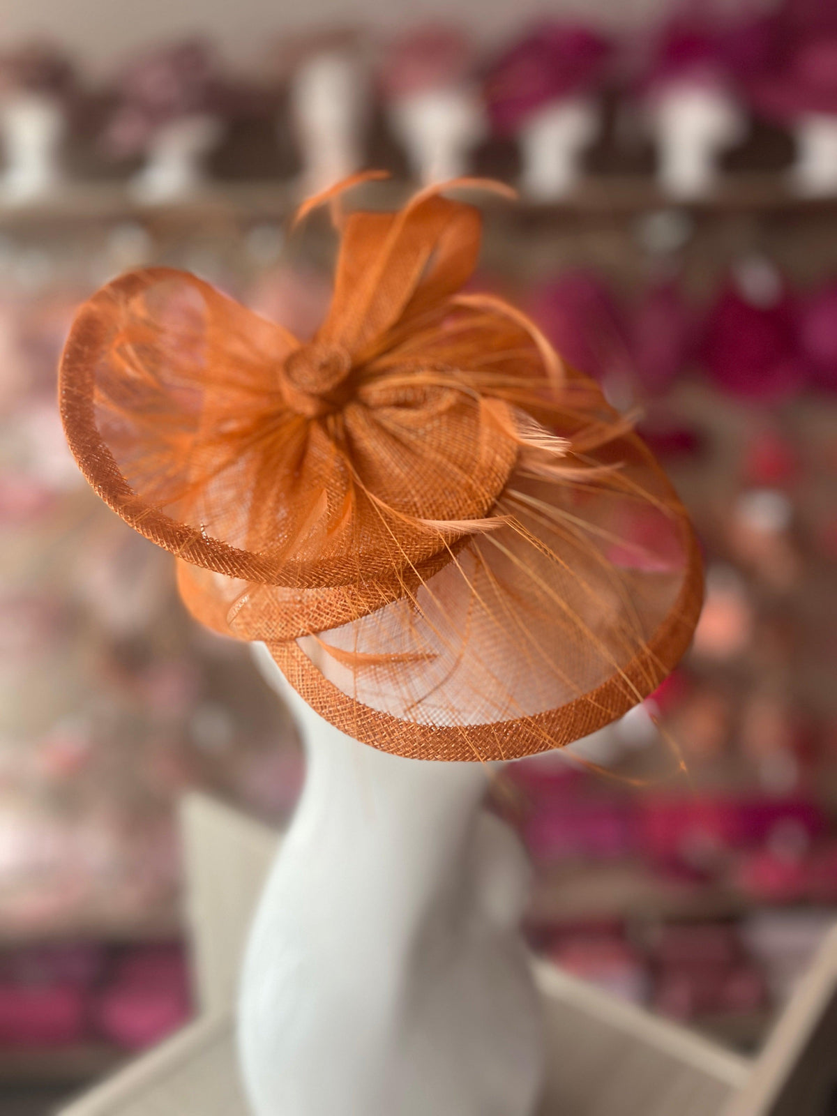 Pleated Tangerine Headband Fascinator with Wispy Feathers-Fascinators Direct