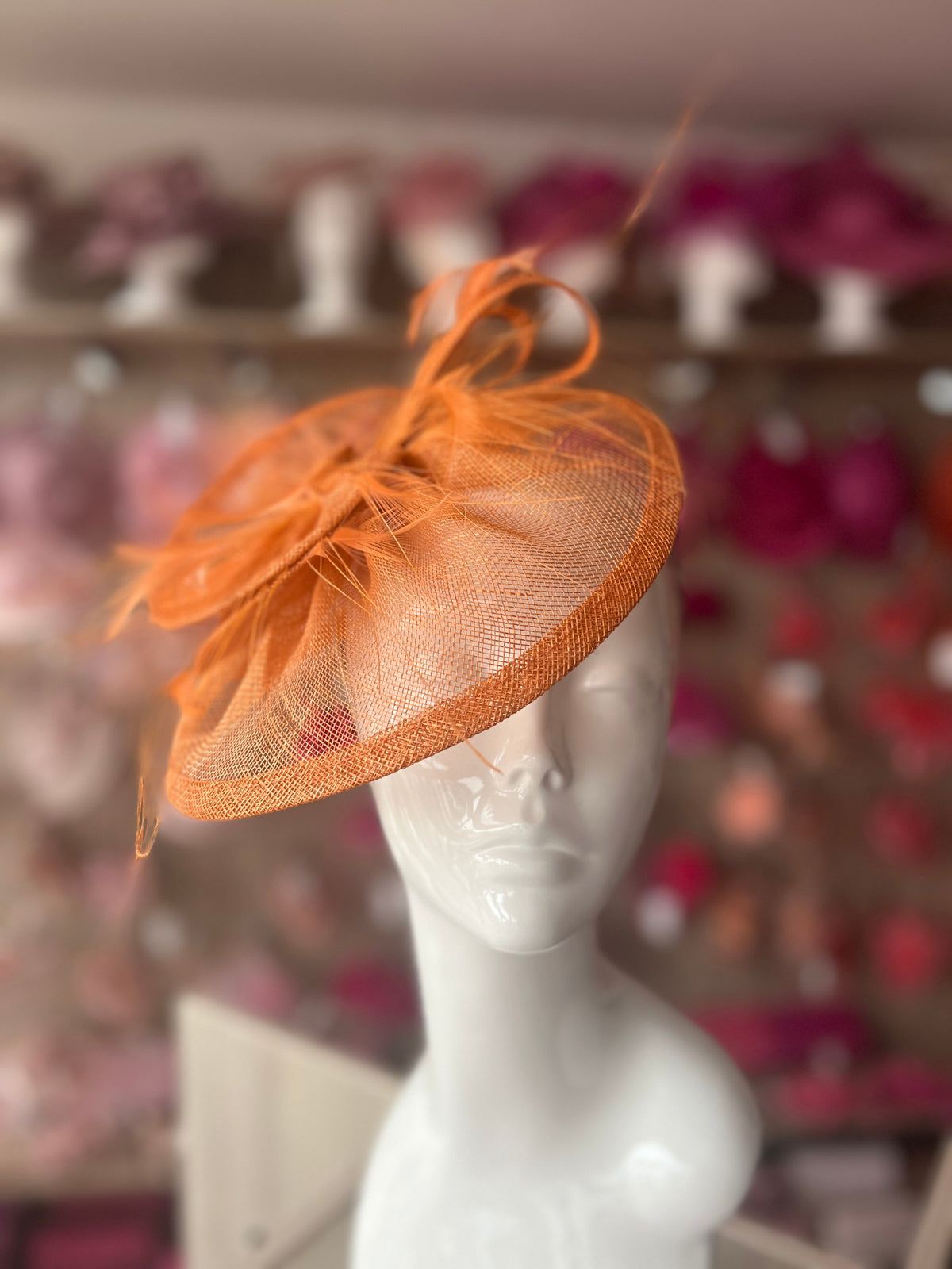 Pleated Tangerine Headband Fascinator with Wispy Feathers-Fascinators Direct