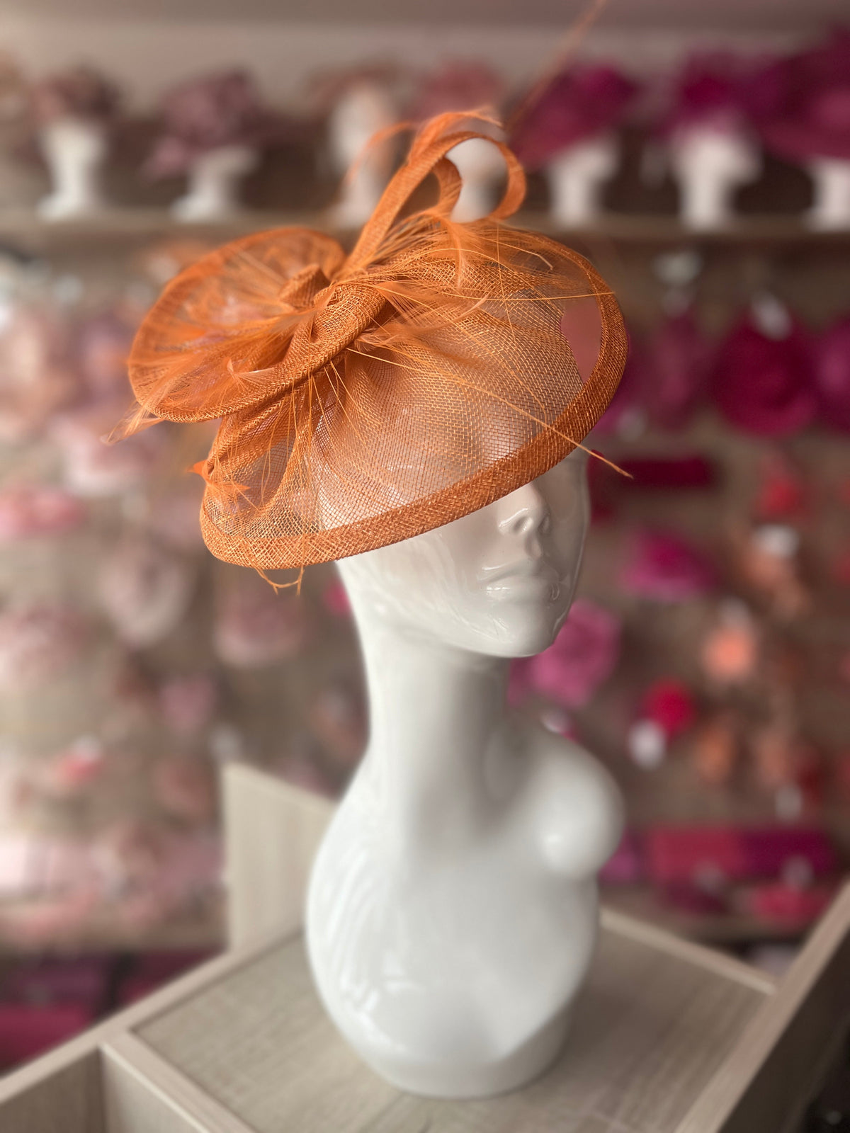 Pleated Tangerine Headband Fascinator with Wispy Feathers-Fascinators Direct