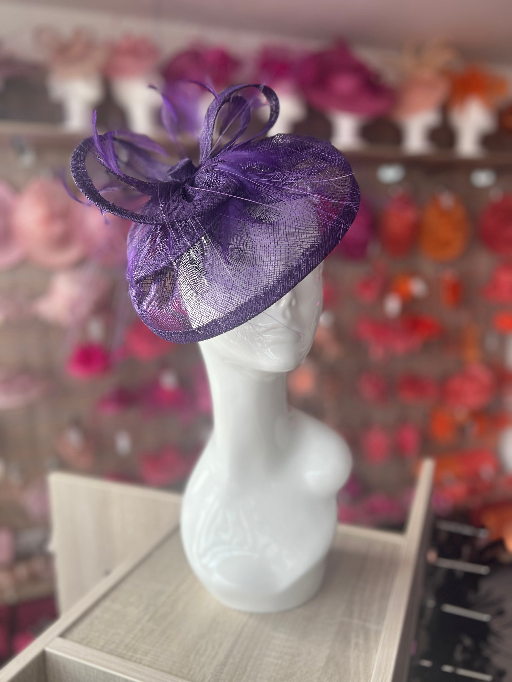 Pleated Violet Headband Fascinator with Wispy Feathers-Fascinators Direct