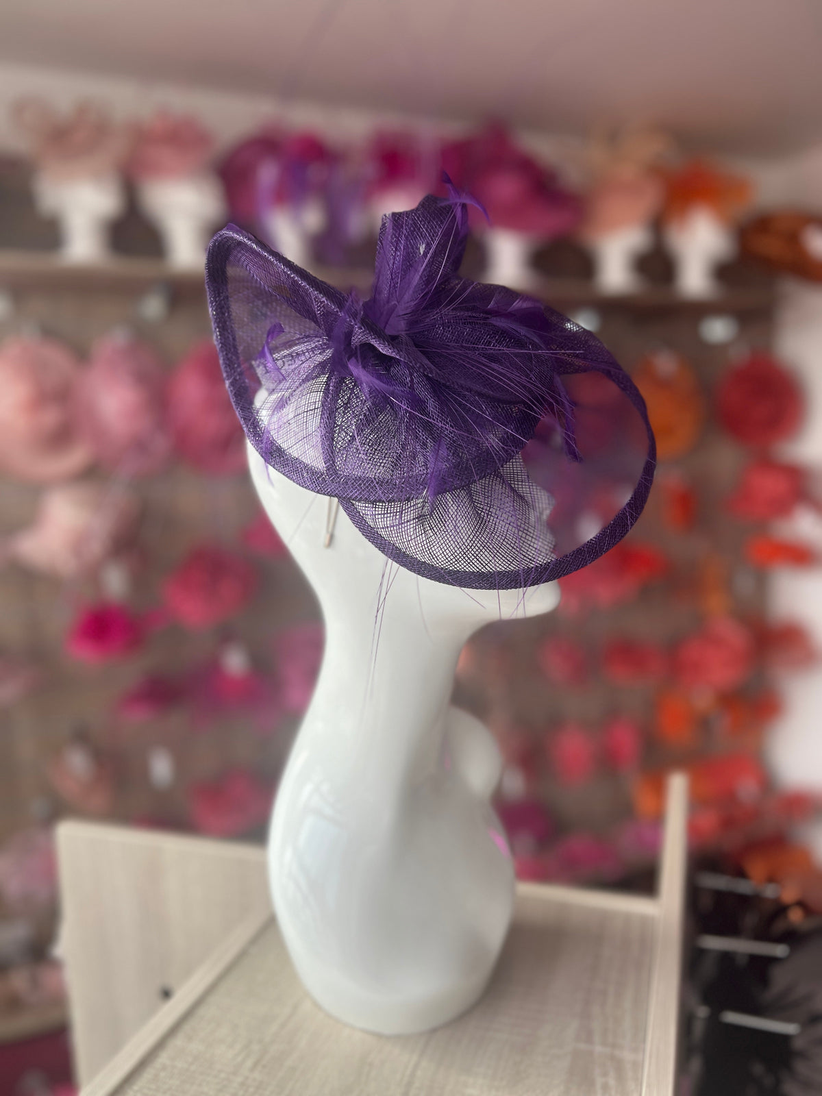 Pleated Violet Headband Fascinator with Wispy Feathers-Fascinators Direct