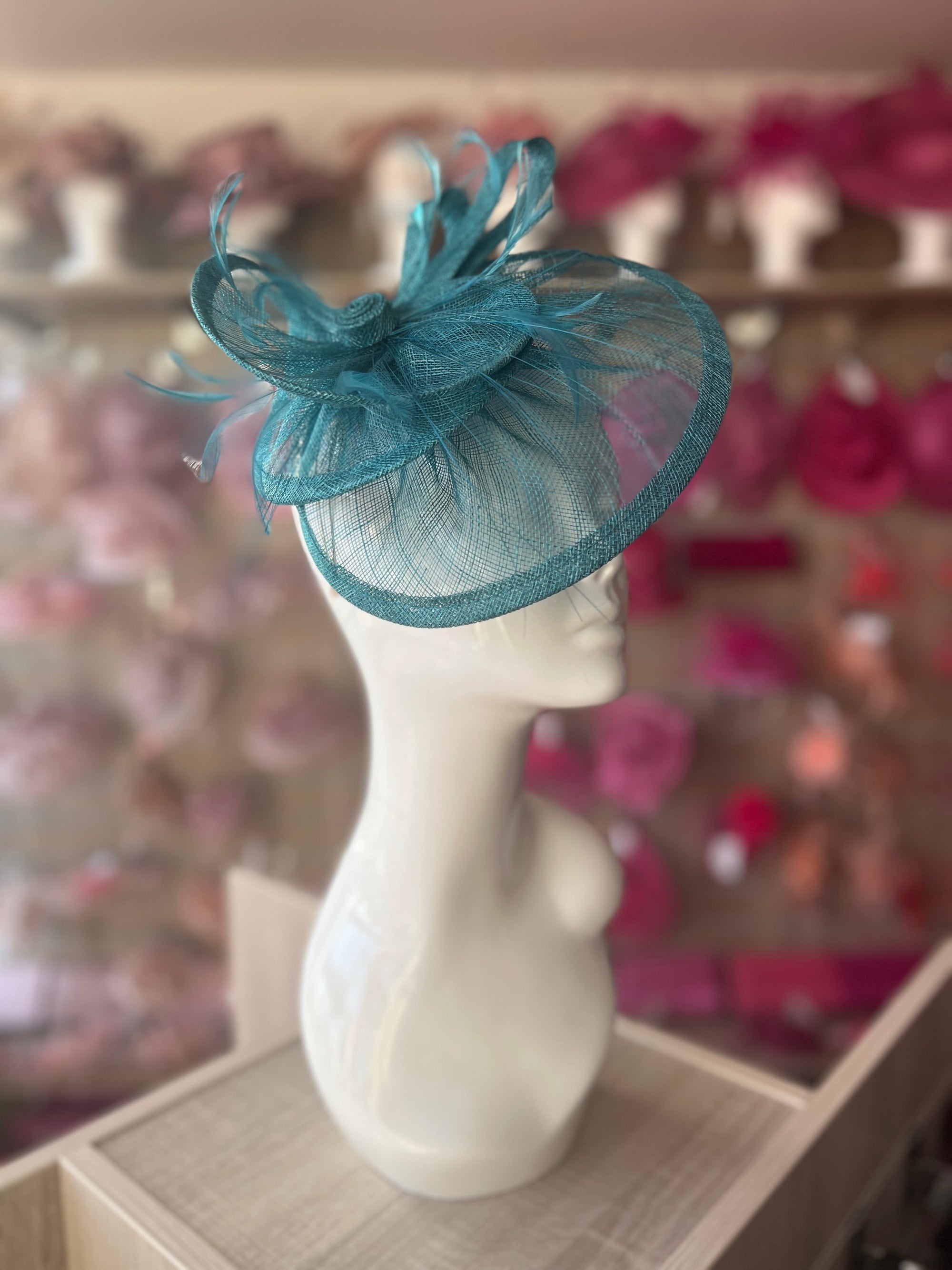 Pleated Winter Teal Headband Fascinator with Wispy Feathers-Fascinators Direct