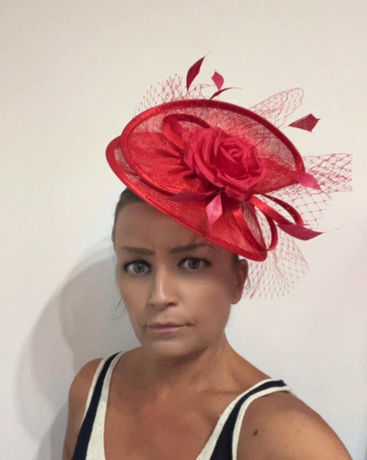 Poppy Disc Fascinator with Fabric Rose &amp; Netting-Fascinators Direct