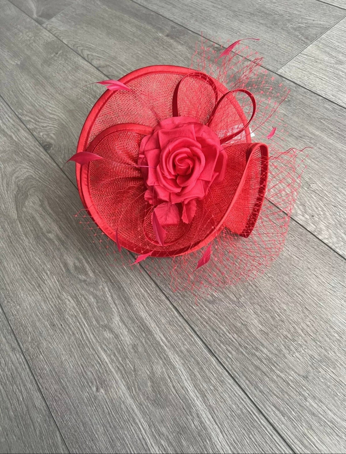 Poppy Disc Fascinator with Fabric Rose &amp; Netting-Fascinators Direct