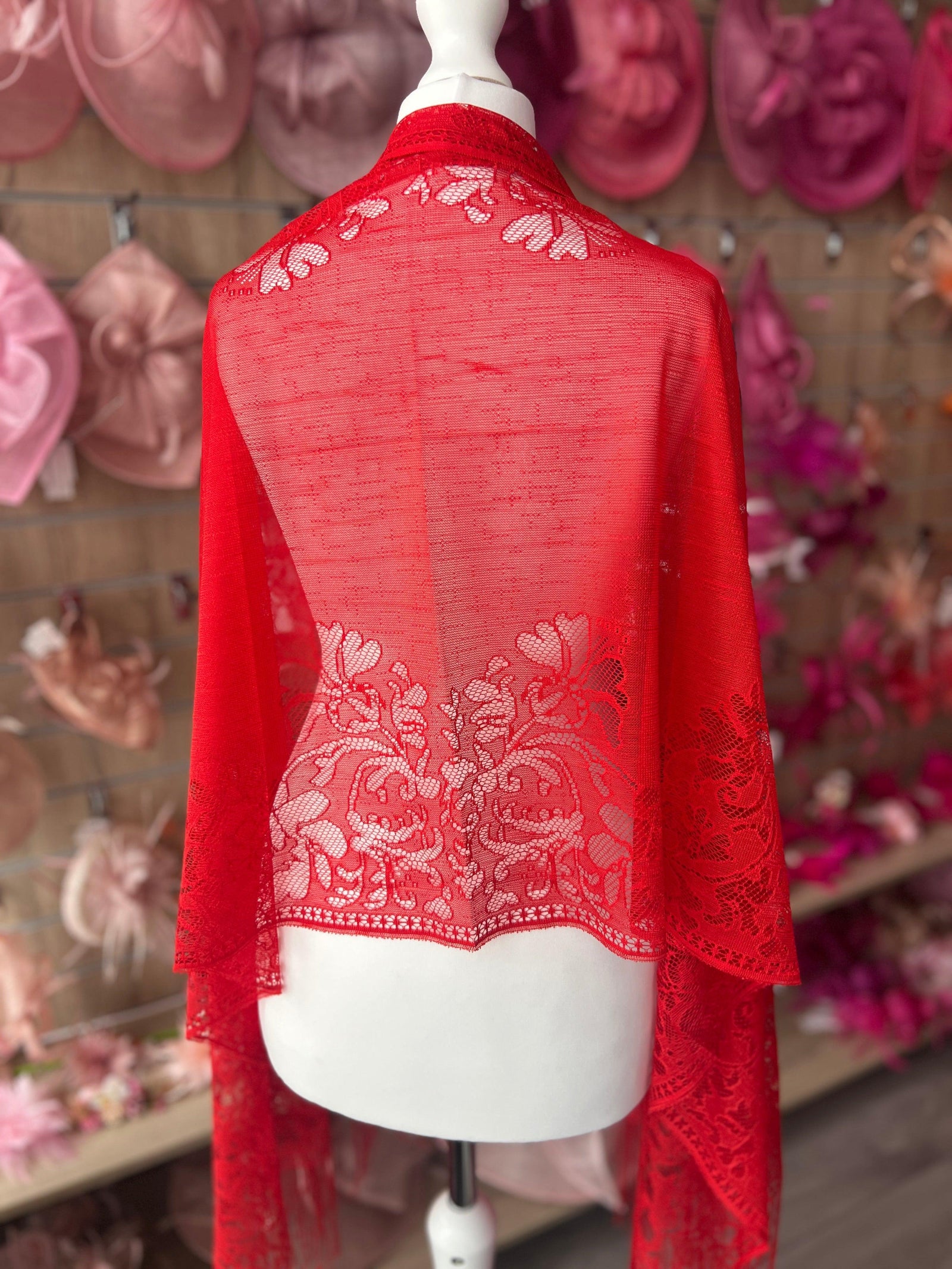 Poppy Red Lace Shawl-Fascinators Direct