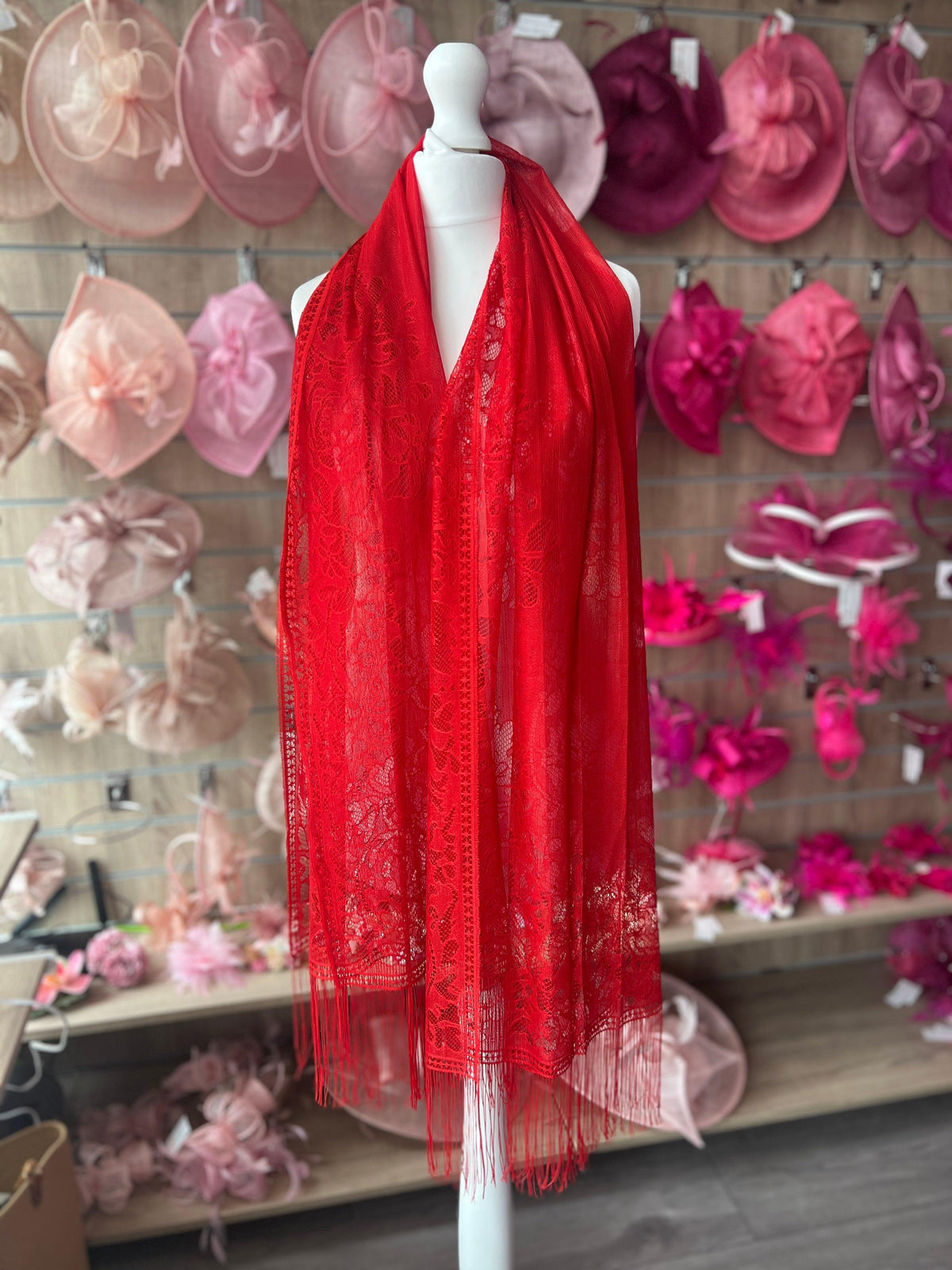 Poppy Red Lace Shawl-Fascinators Direct