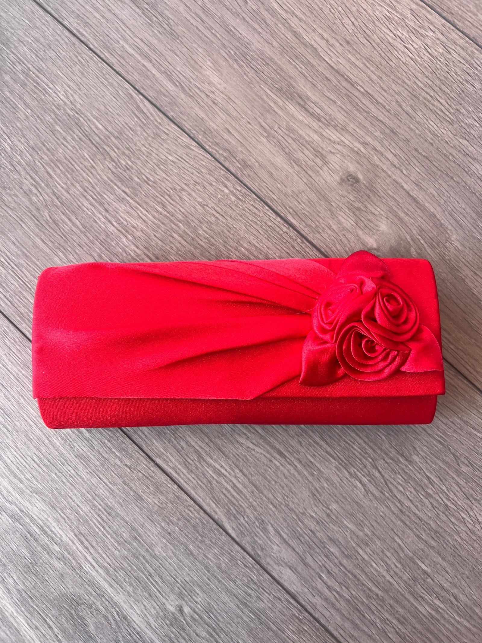 Poppy Red Satin Clutch Bag With Rose Flower Detail-Fascinators Direct