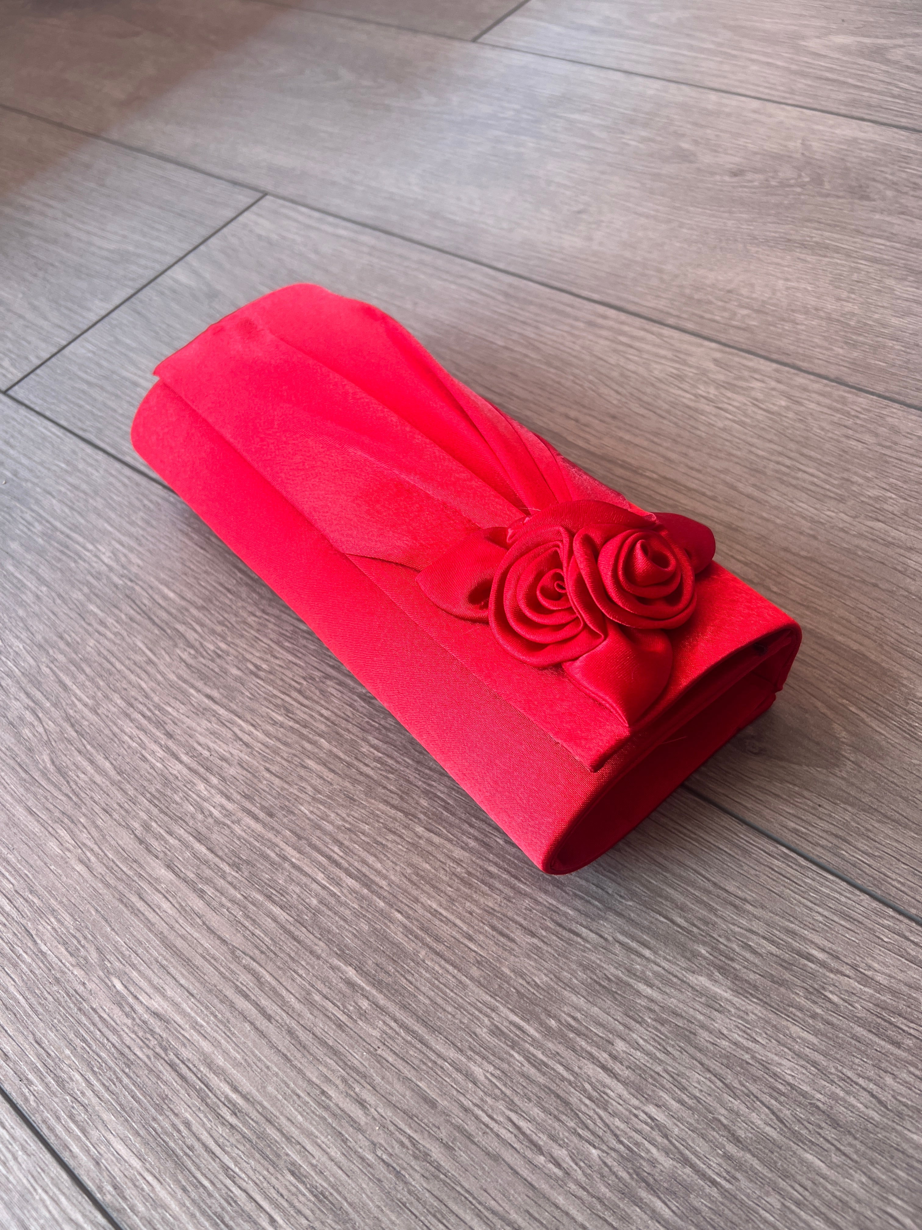 Poppy Red Satin Clutch Bag With Rose Flower Detail