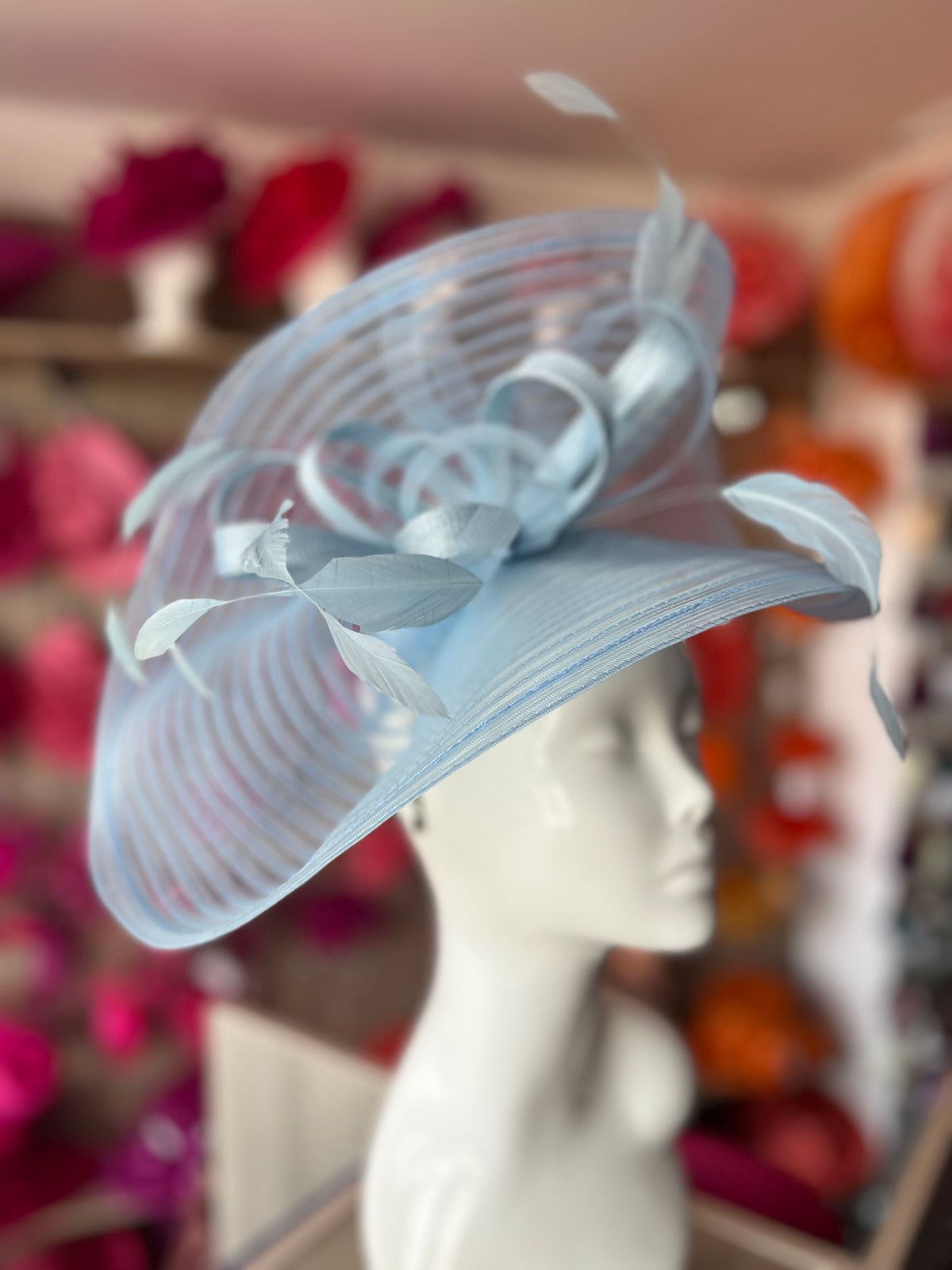 Powder Blue Crinoline Hatinator with Loops &amp; Feathers-Fascinators Direct