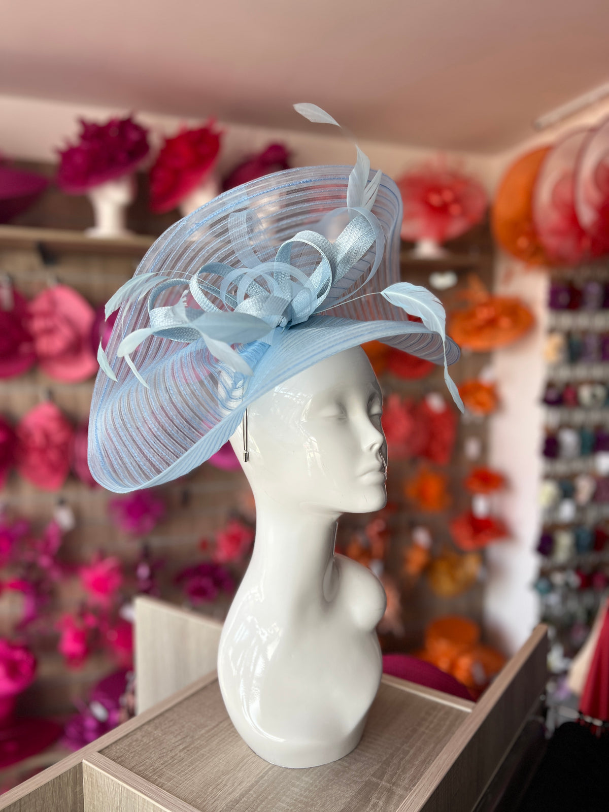 Powder Blue Crinoline Hatinator with Loops &amp; Feathers-Fascinators Direct