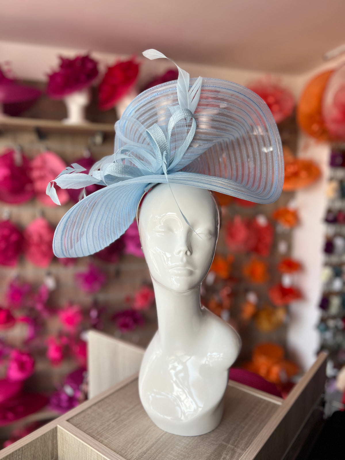 Powder Blue Crinoline Hatinator with Loops &amp; Feathers-Fascinators Direct