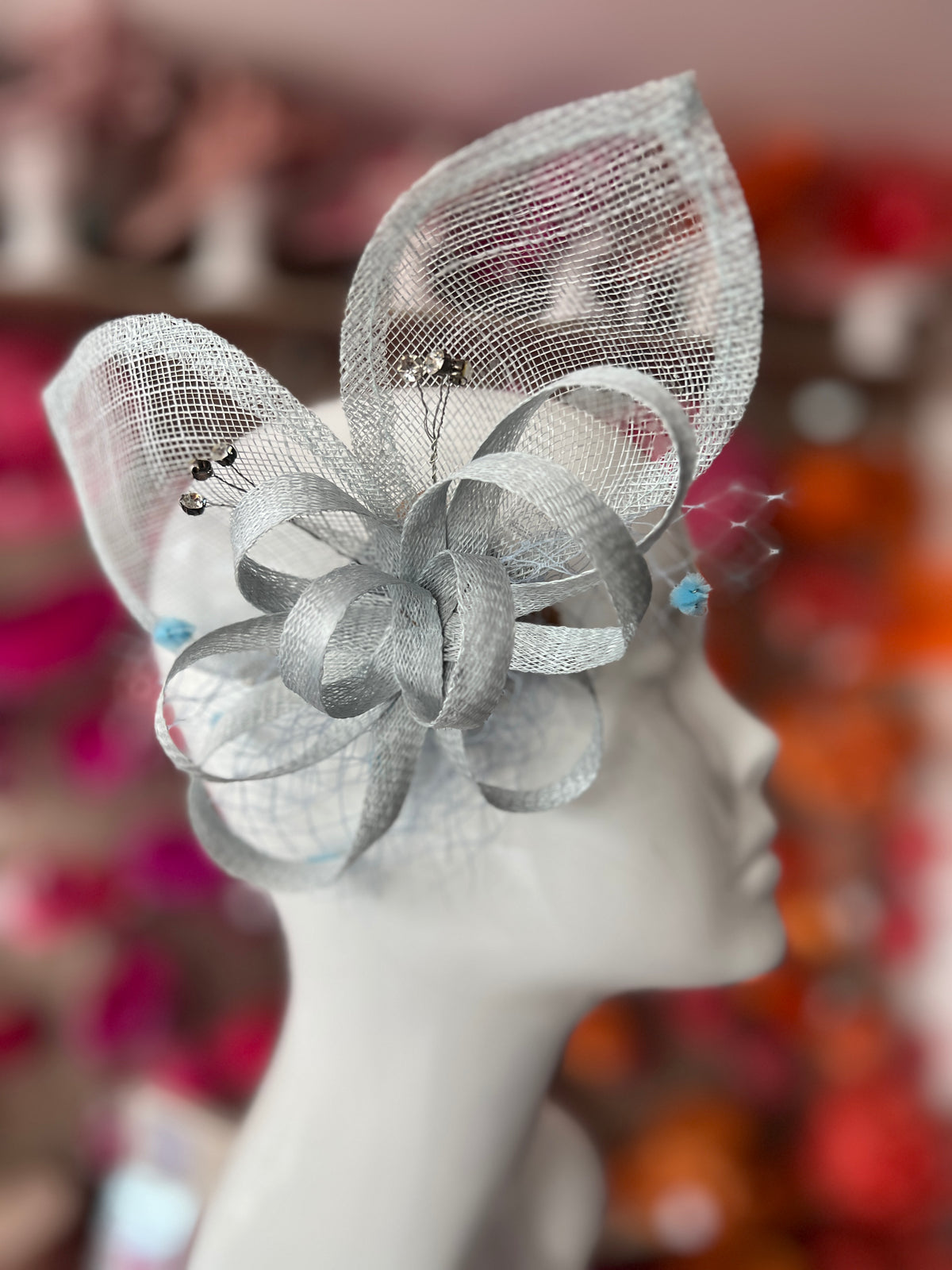 Powder Blue Hair Fascinator With Netting &amp; Diamantes-Fascinators Direct
